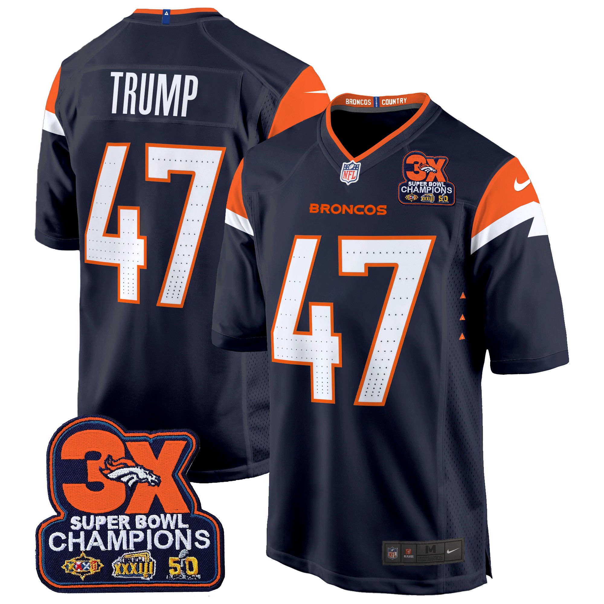 Donald Trump Men's Denver Broncos 3-Time Champions Patch Game Jersey - Al Stitched Navy Jersey - All Stitched