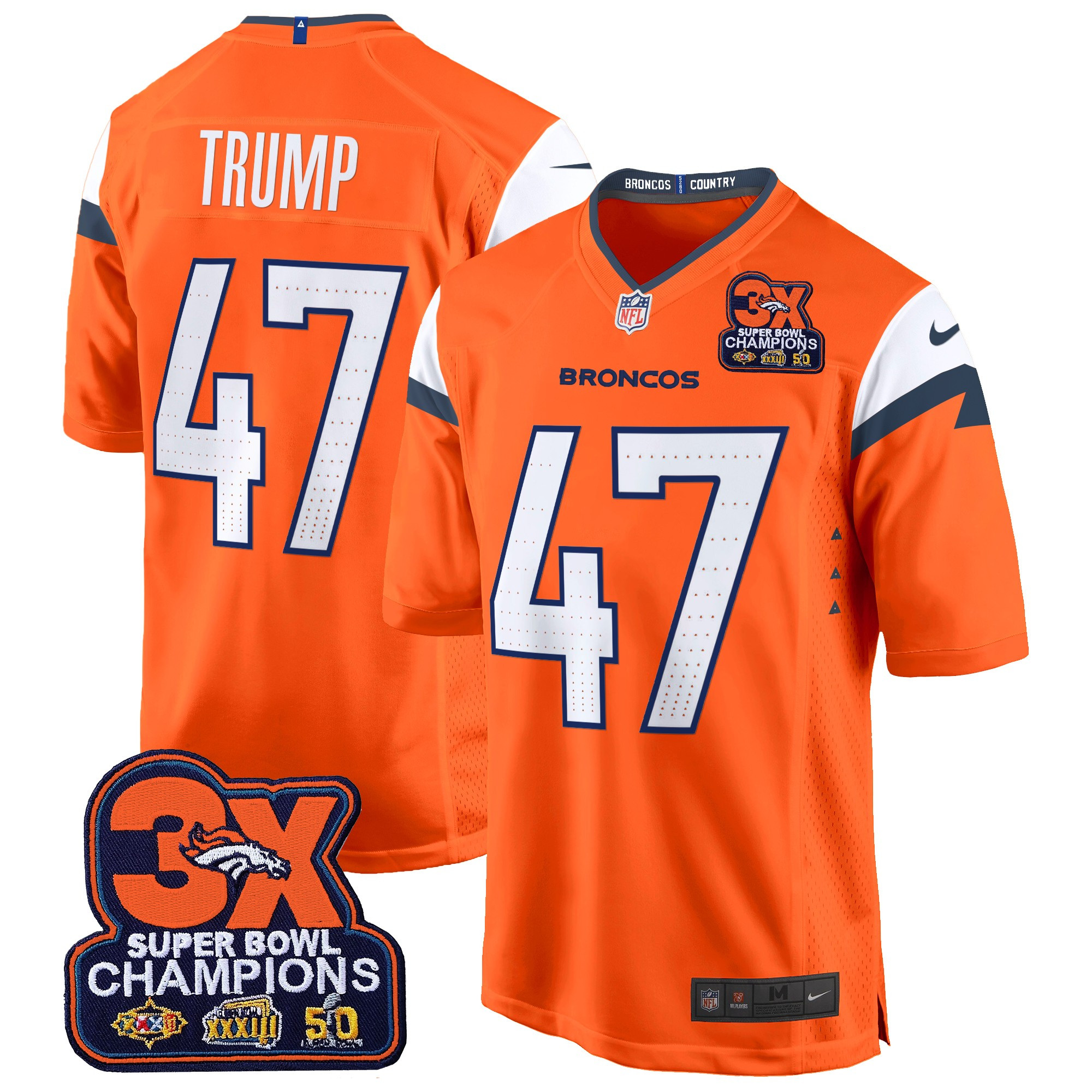 Donald Trump Men's Denver Broncos 3-Time Champions Patch Game Jersey - Al Stitched Orange Jersey - All Stitched