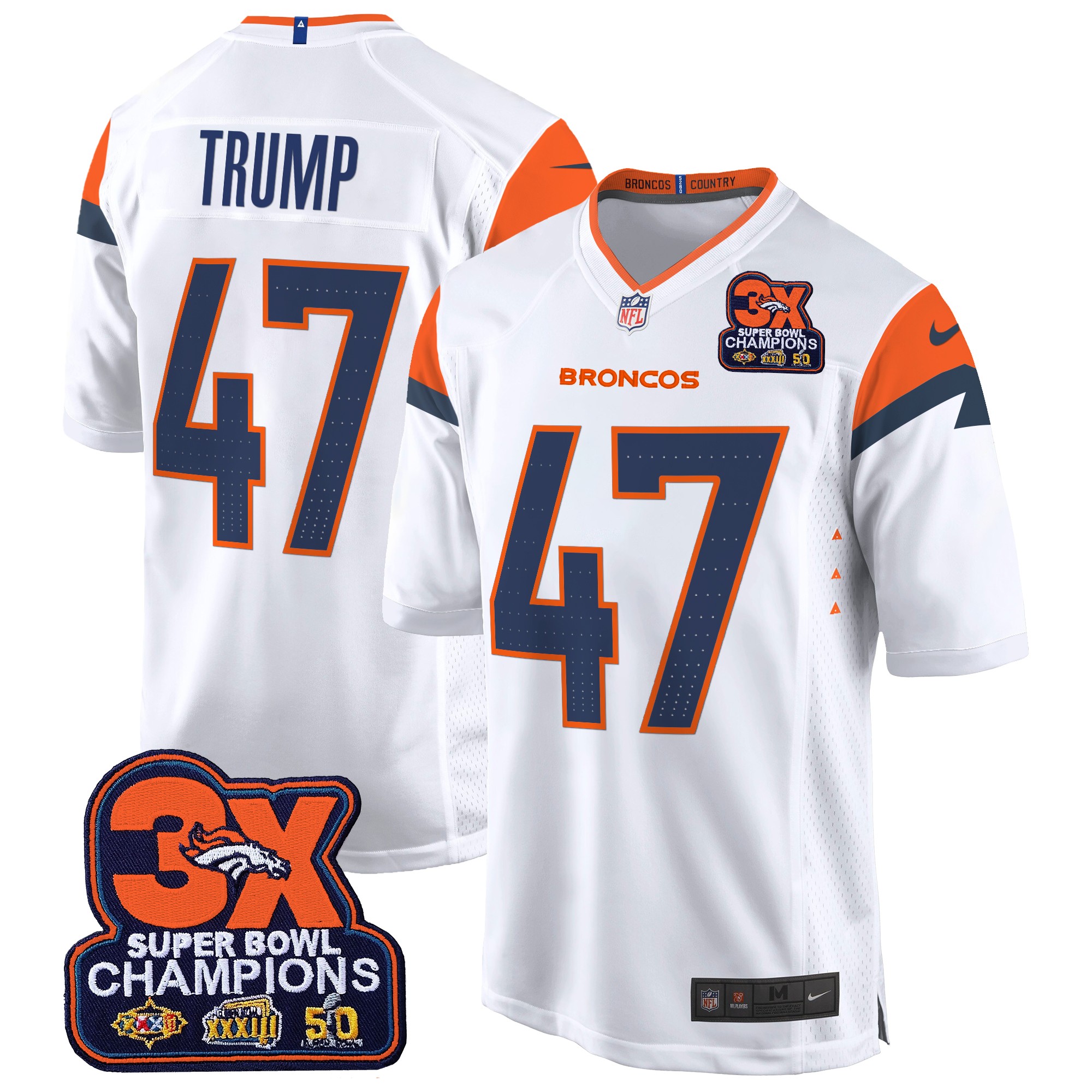 Donald Trump Men's Denver Broncos 3-Time Champions Patch Game Jersey - Al Stitched White Jersey - All Stitched