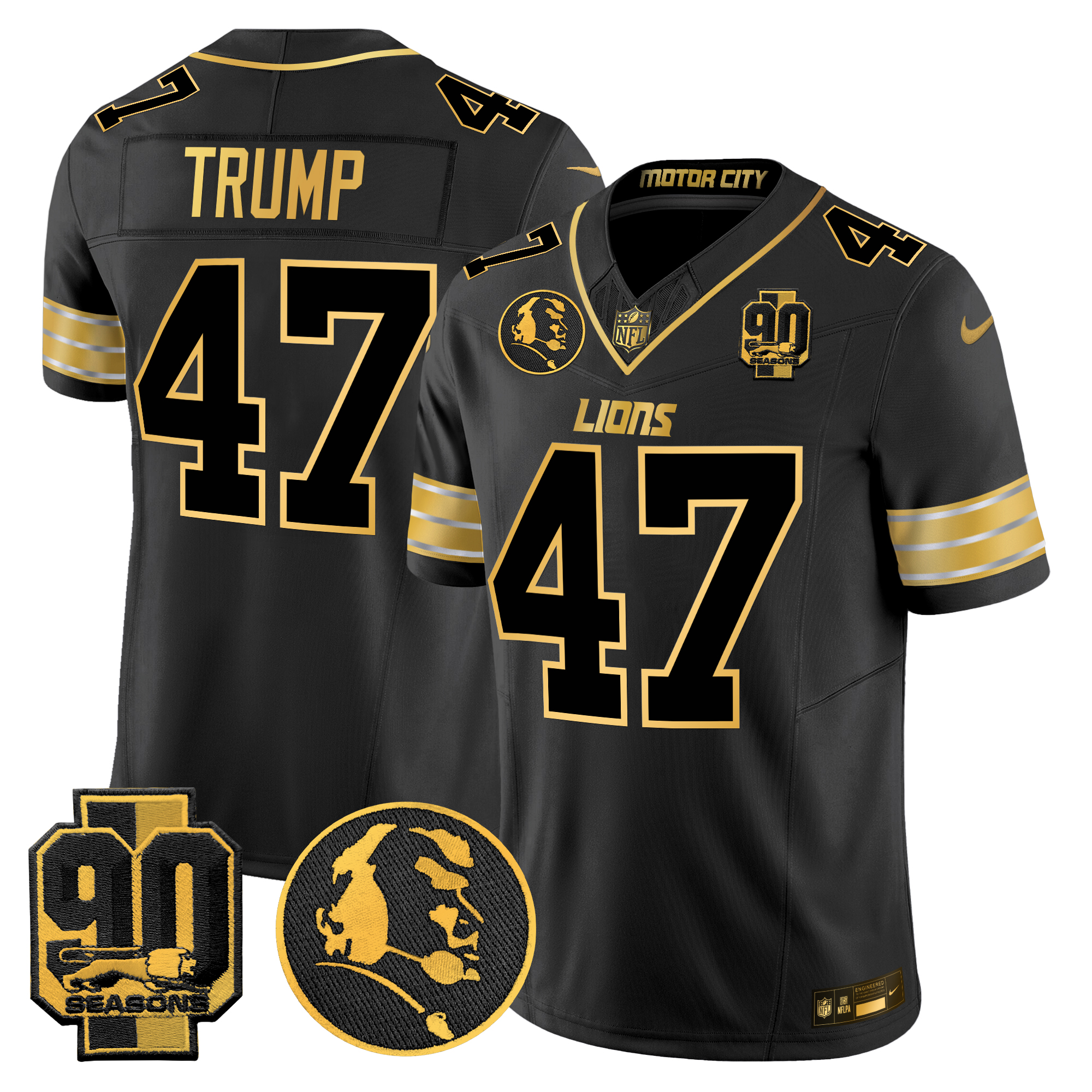 Donald Trump Men's Detroit Lions 2024 90th & John Madden Patch Gold Vapor Limited Black Gold Jersey - All Stitched