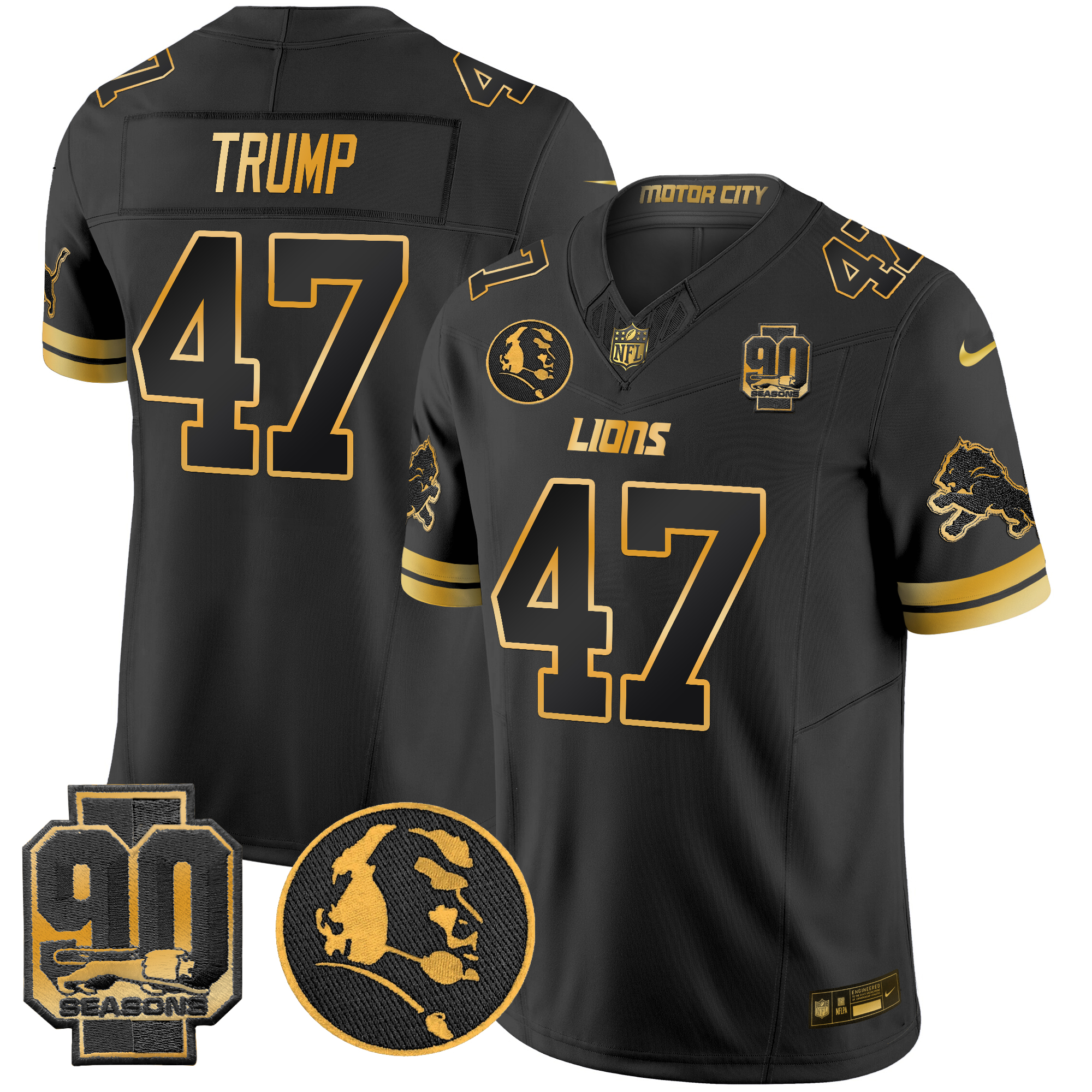 Donald Trump Men's Detroit Lions 2024 90th & John Madden Patch Gold Vapor Limited Black Gold Jersey - All Stitched