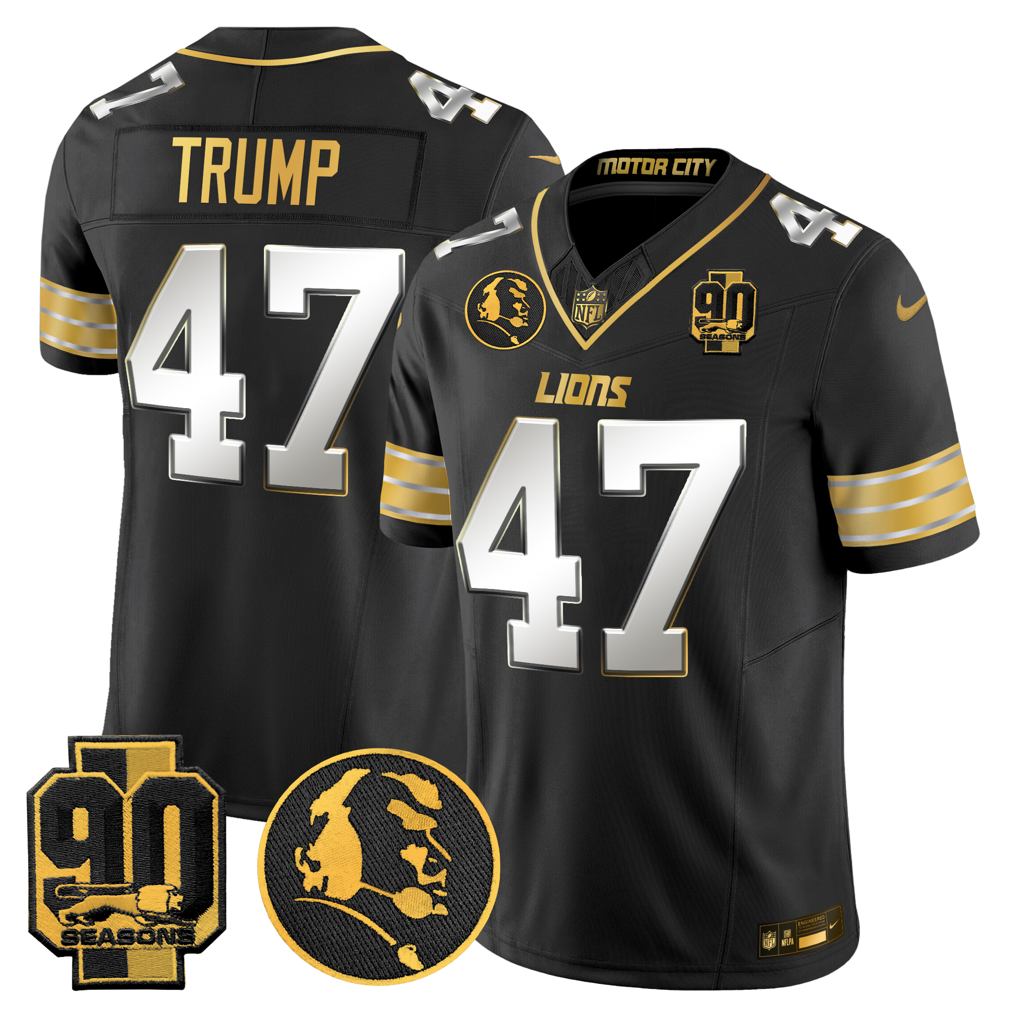 Donald Trump Men's Detroit Lions 2024 90th & John Madden Patch Gold Vapor Limited Black Limited Jersey - All Stitched