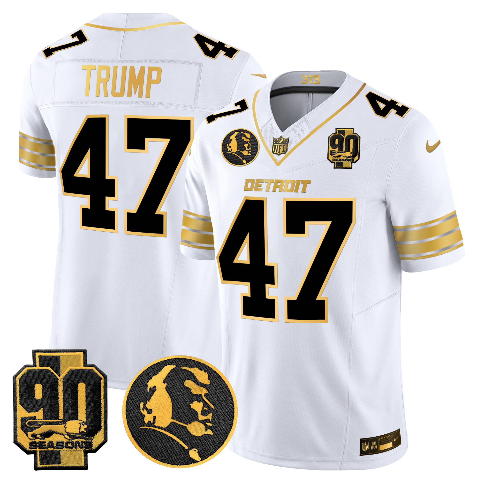 Donald Trump Men's Detroit Lions 2024 90th & John Madden Patch Gold Vapor Limited White Gold Jersey - All Stitched
