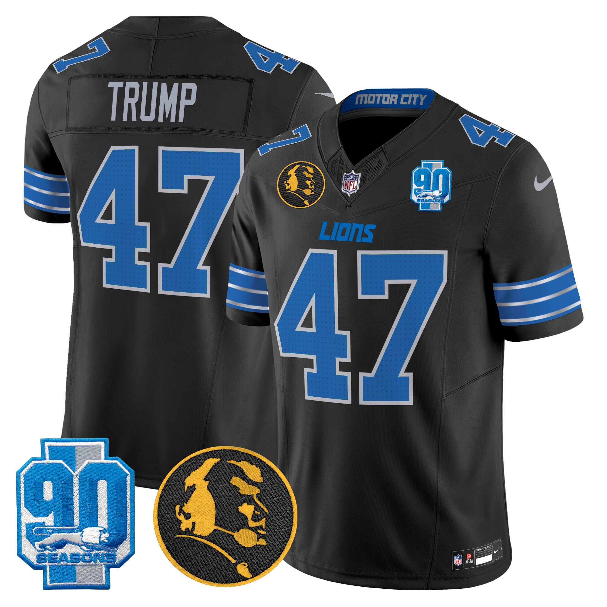 Donald Trump Men's Detroit Lions 2024 90th & John Madden Patch Vapor Limited Black Jersey - All Stitched