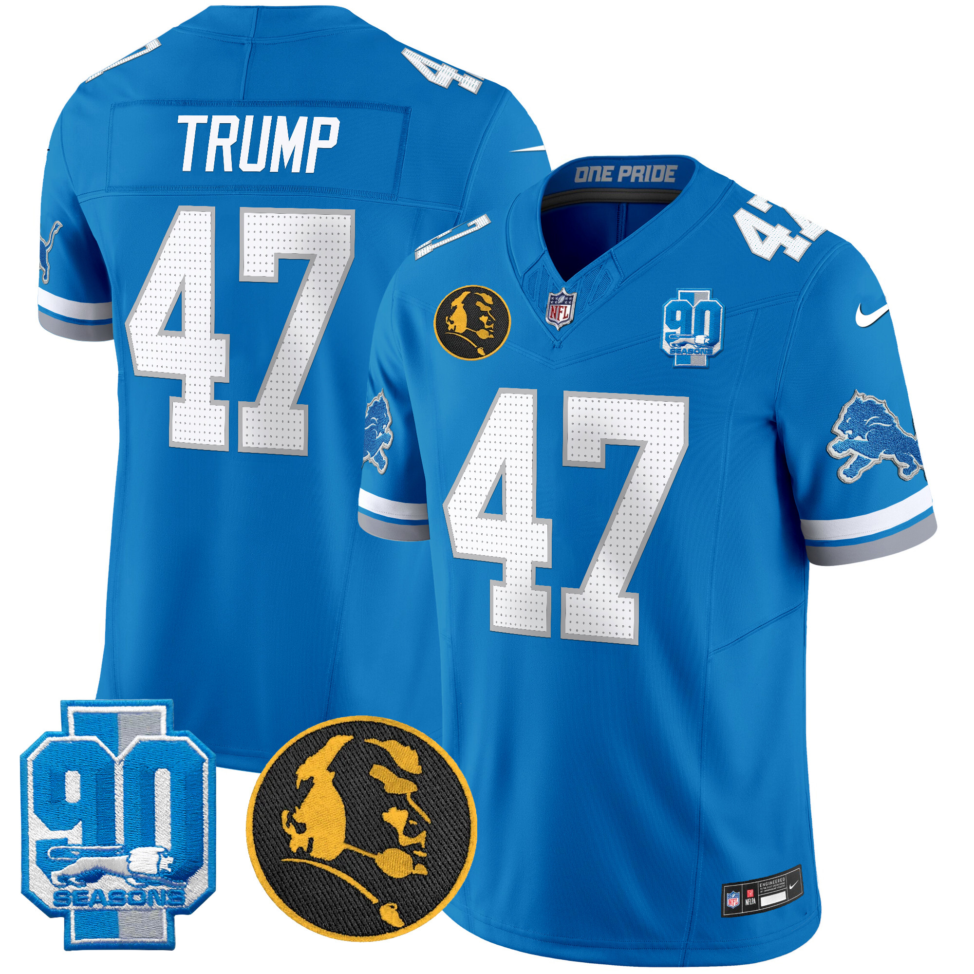 Donald Trump Men's Detroit Lions 2024 90th & John Madden Patch Vapor Limited Blue Jersey - All Stitched