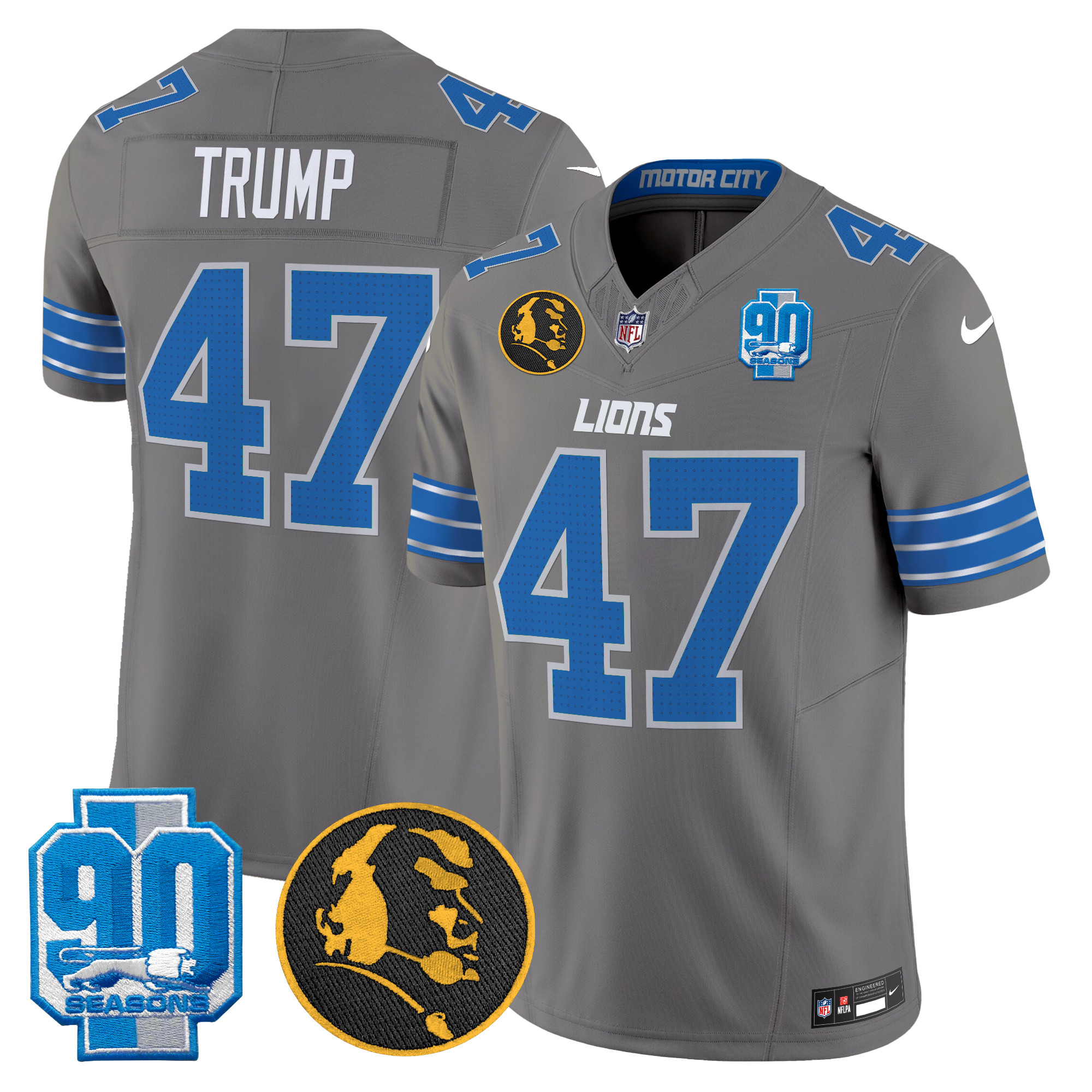 Donald Trump Men's Detroit Lions 2024 90th & John Madden Patch Vapor Limited Gray Jersey - All Stitched