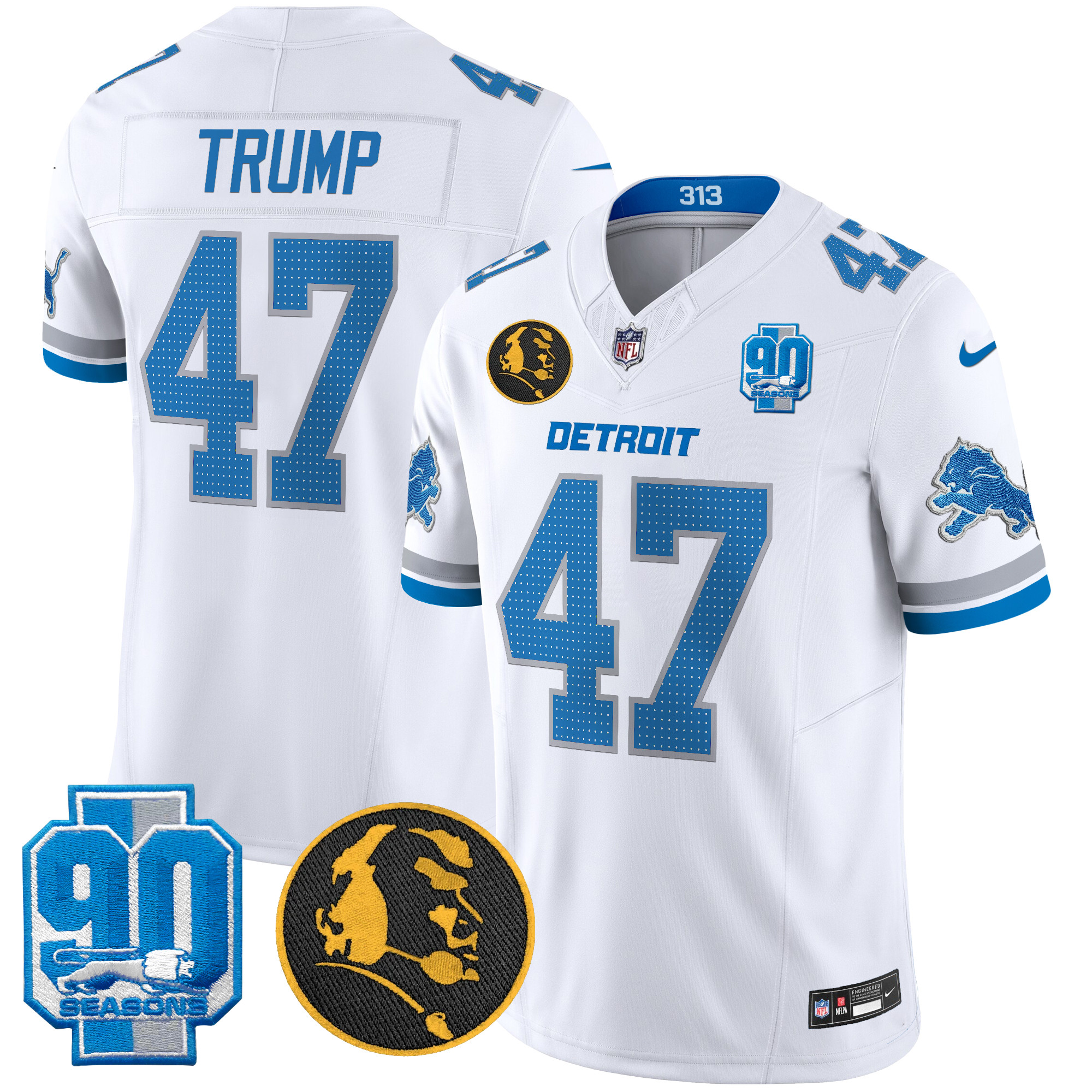 Donald Trump Men's Detroit Lions 2024 90th & John Madden Patch Vapor Limited White Jersey - All Stitched