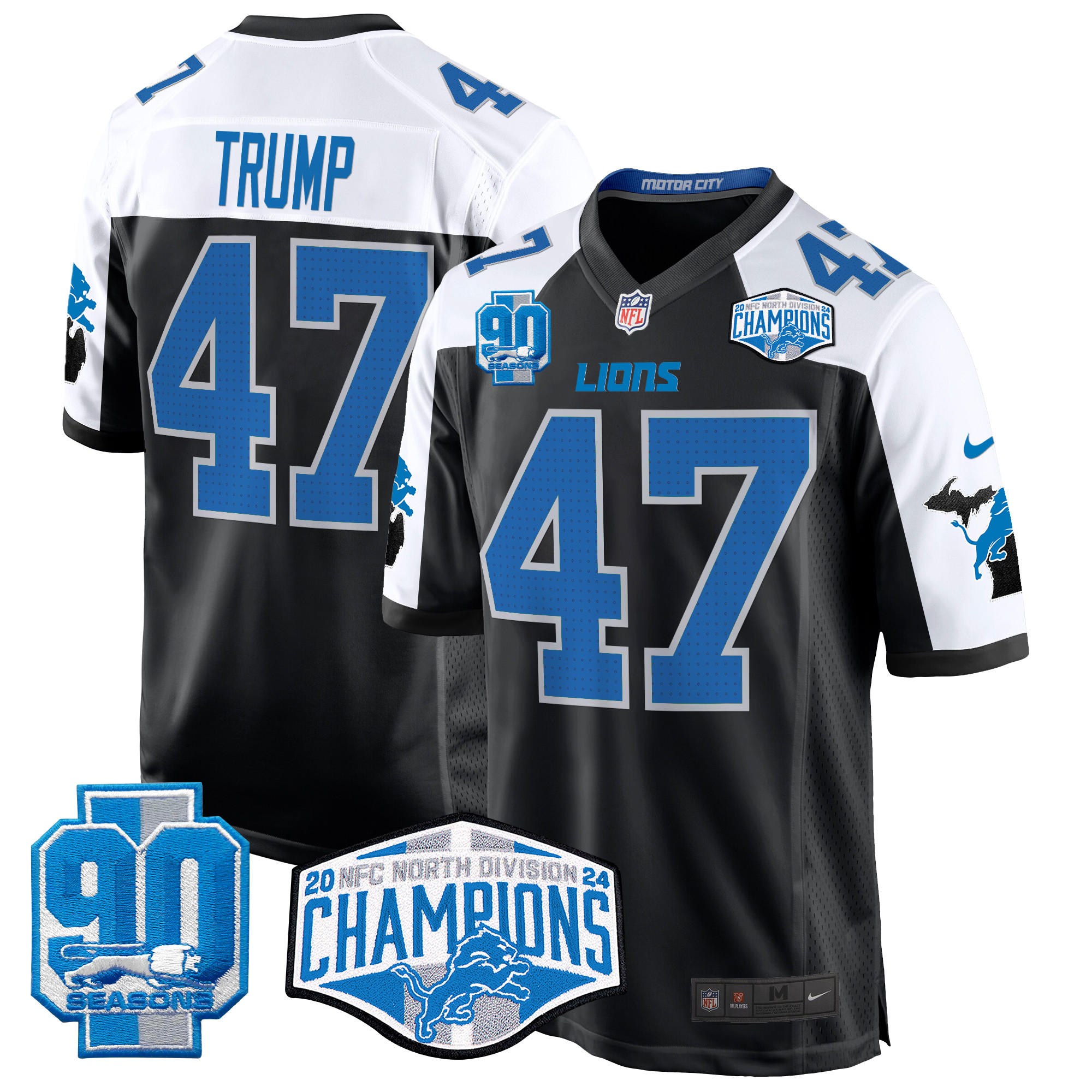 Donald Trump Men's Detroit Lions 2024 NFC North Division Champions Patch Game Black Alternate Jersey - All Stitched