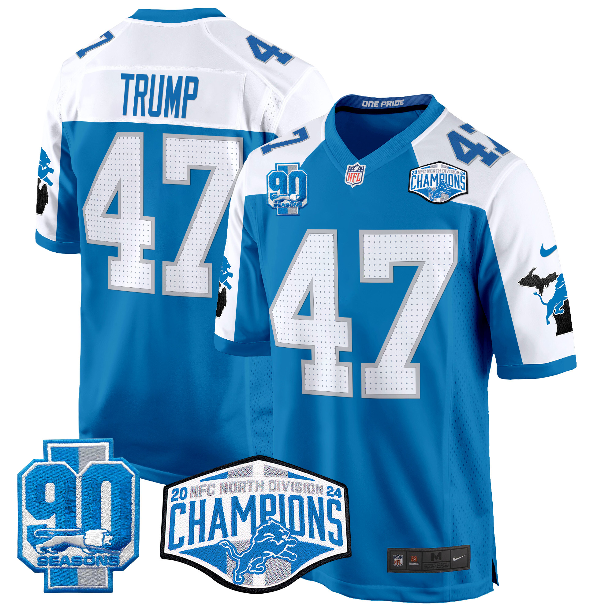 Donald Trump Men's Detroit Lions 2024 NFC North Division Champions Patch Game Blue Alternate Jersey - All Stitched
