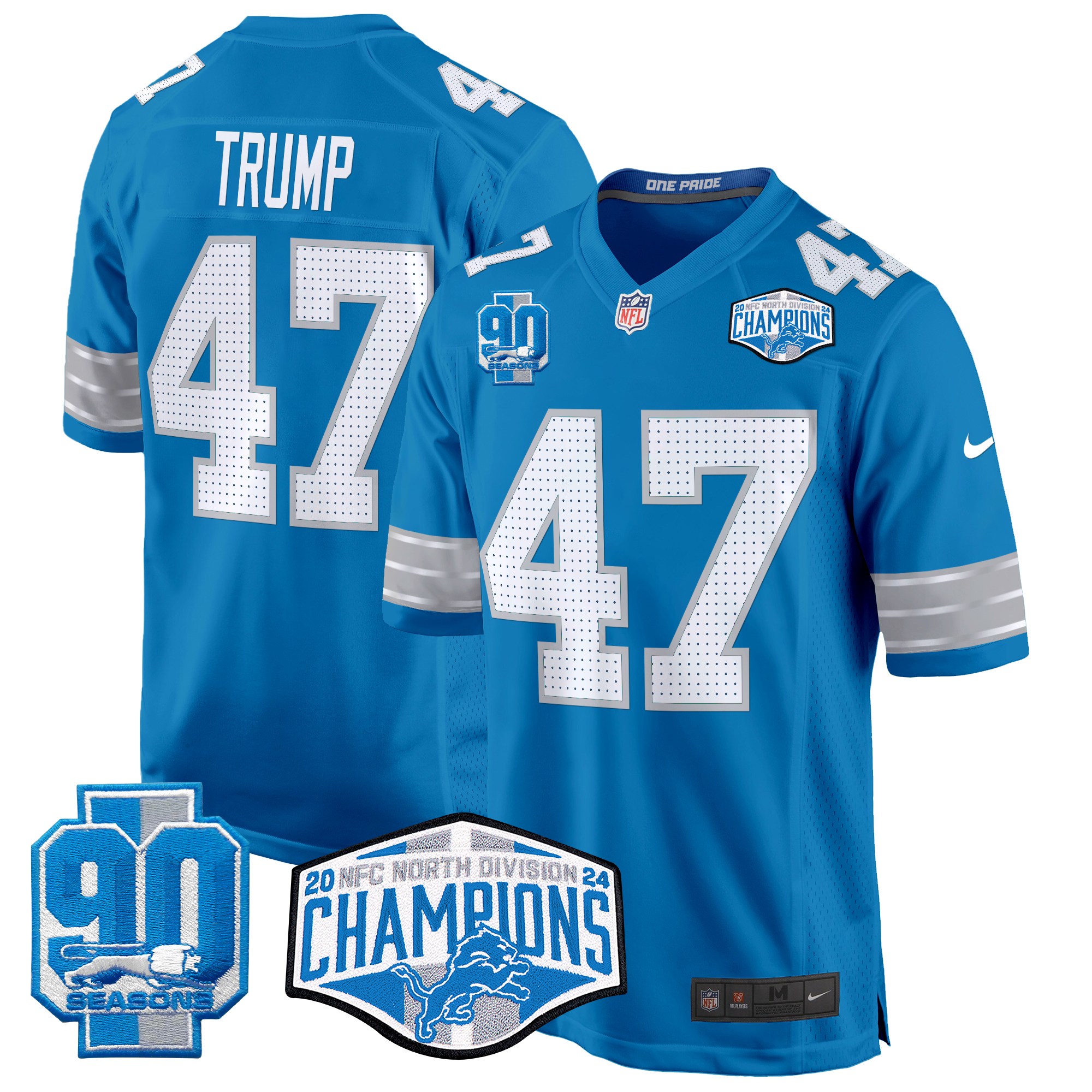 Donald Trump Men's Detroit Lions 2024 NFC North Division Champions Patch Game Blue Jersey - All Stitched