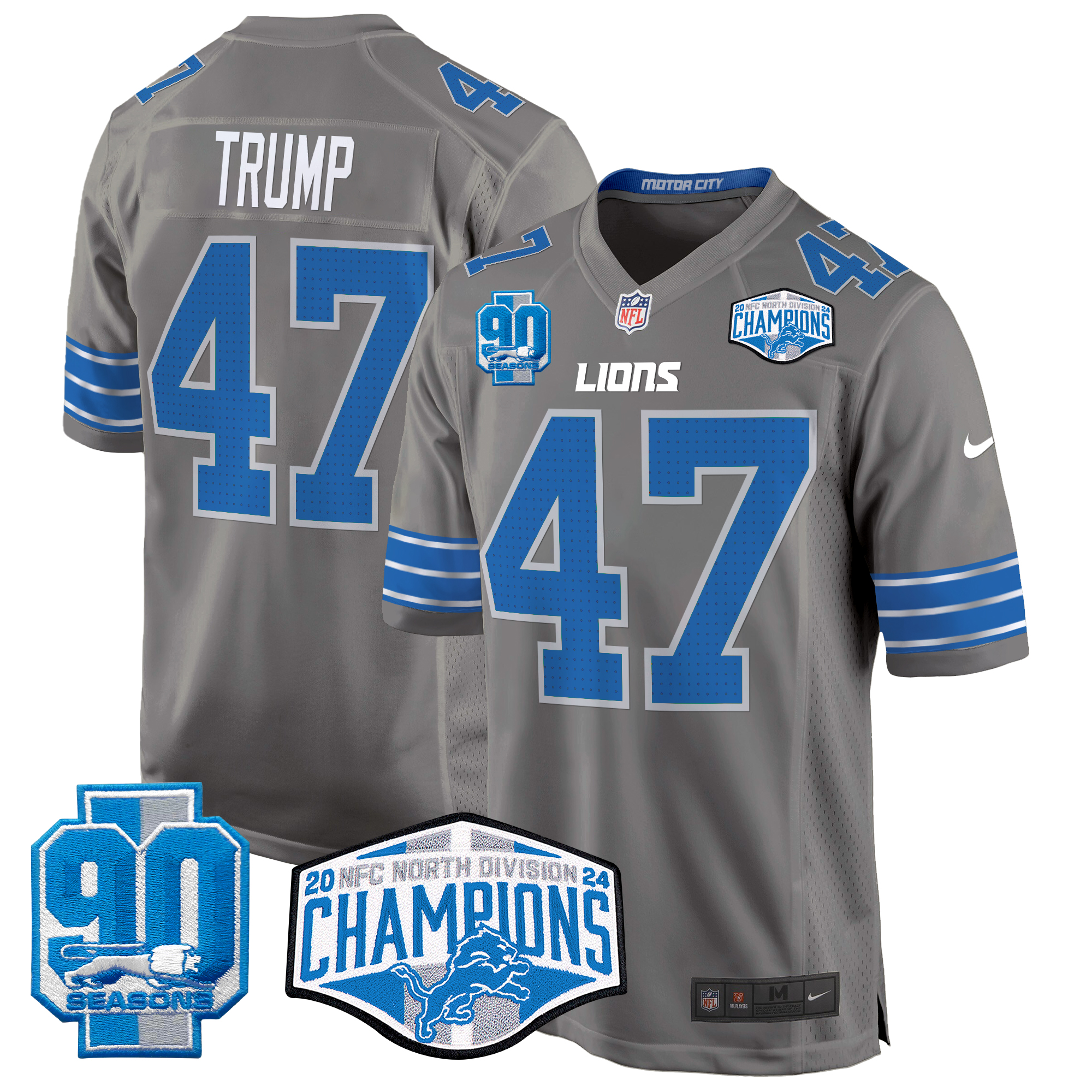 Donald Trump Men's Detroit Lions 2024 NFC North Division Champions Patch Game Gray Jersey - All Stitched
