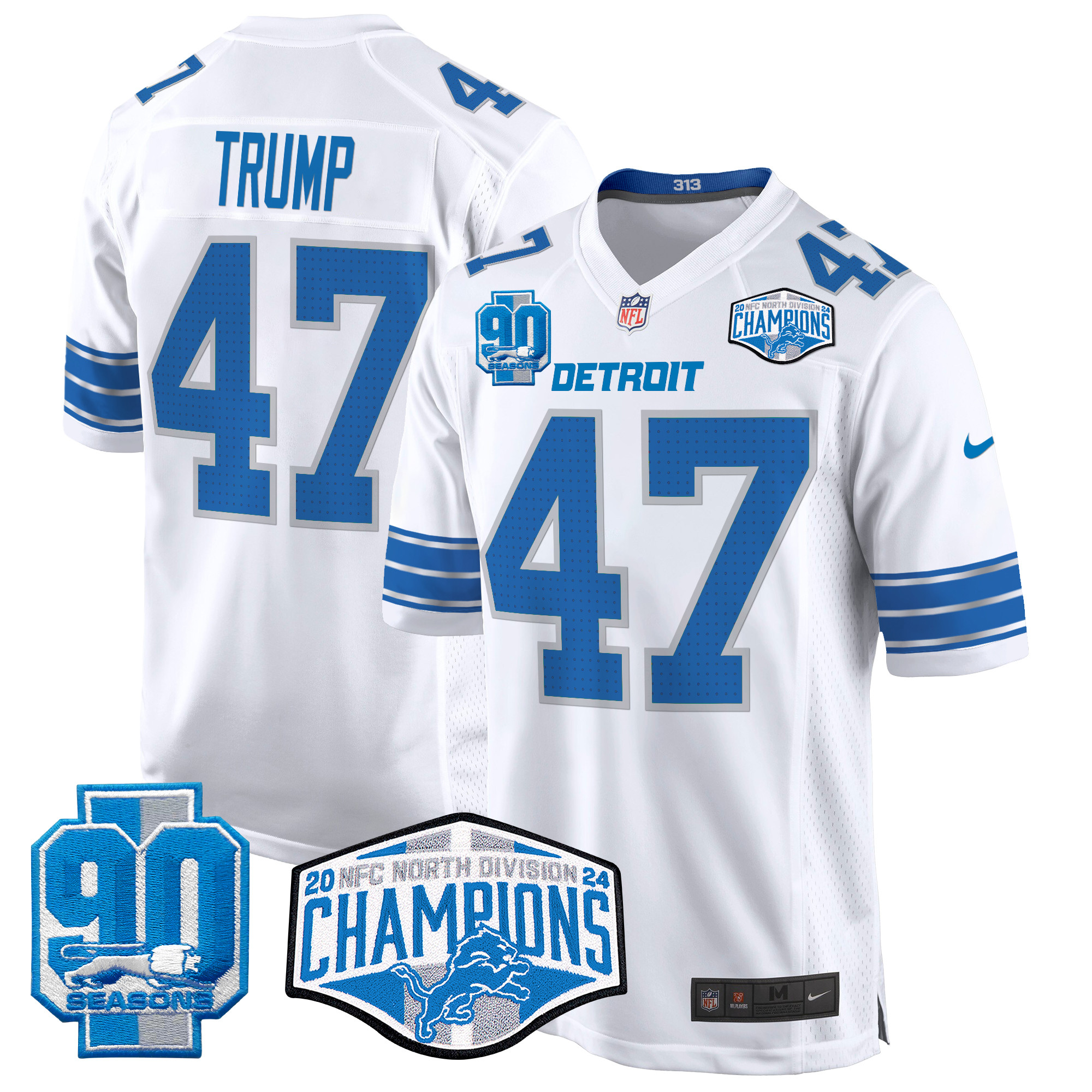 Donald Trump Men's Detroit Lions 2024 NFC North Division Champions Patch Game White Jersey - All Stitched
