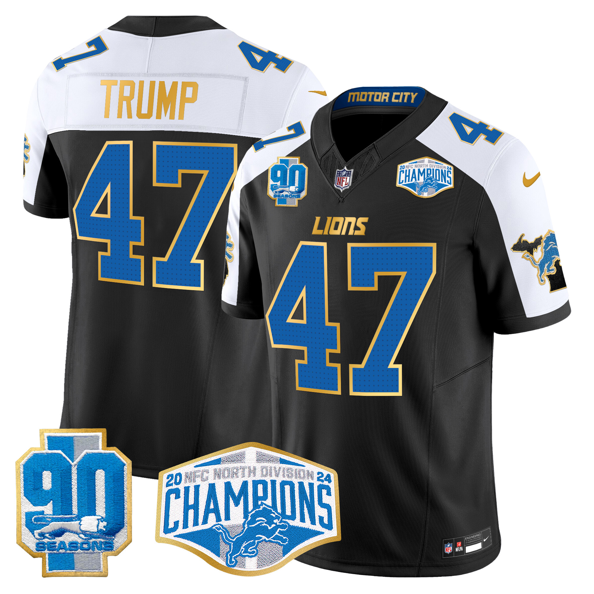 Donald Trump Men's Detroit Lions 2024 NFC North Division Champions Patch Gold Trim Vapor Limited Black Alternate Jersey - All Stitched