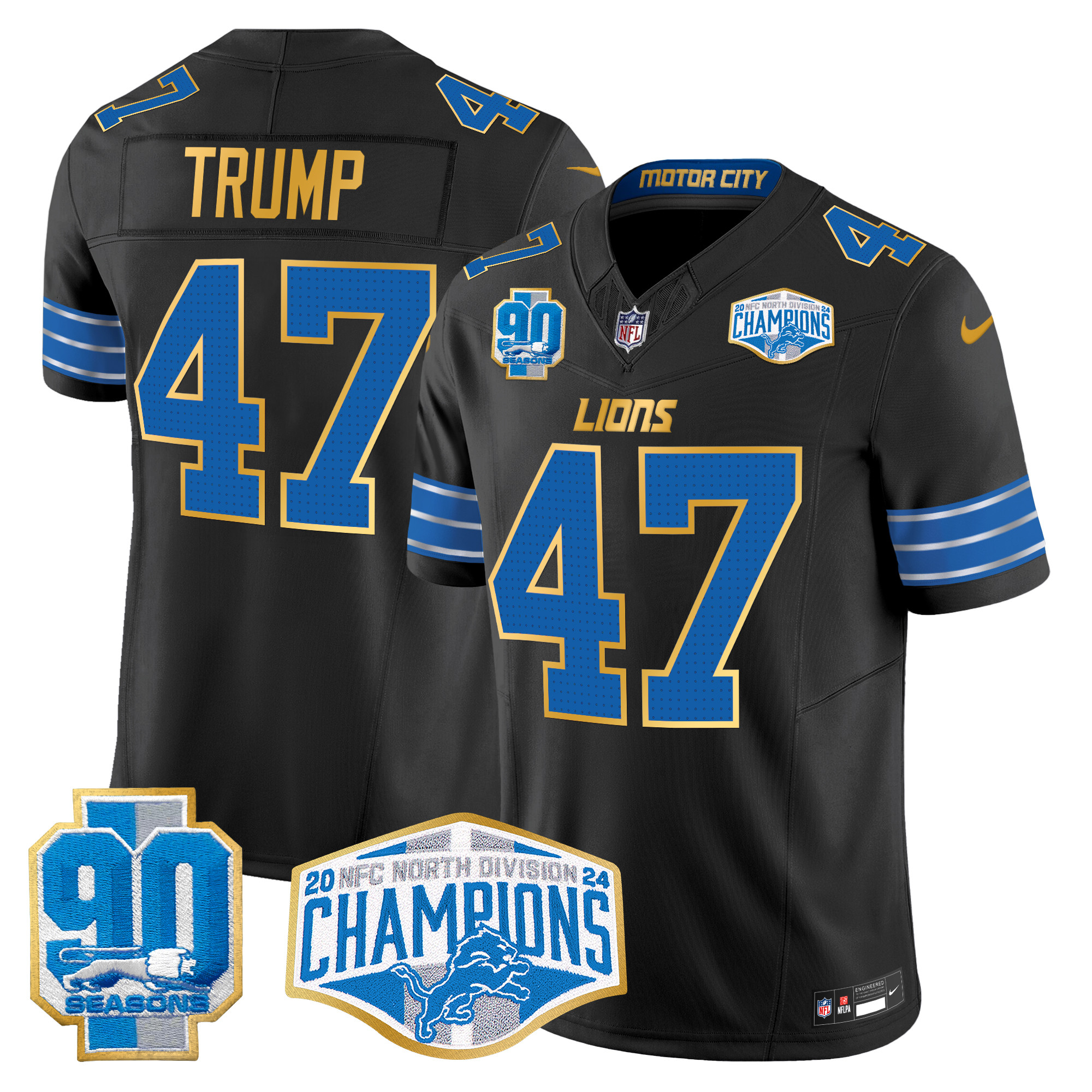 Donald Trump Men's Detroit Lions 2024 NFC North Division Champions Patch Gold Trim Vapor Limited Black Jersey - All Stitched