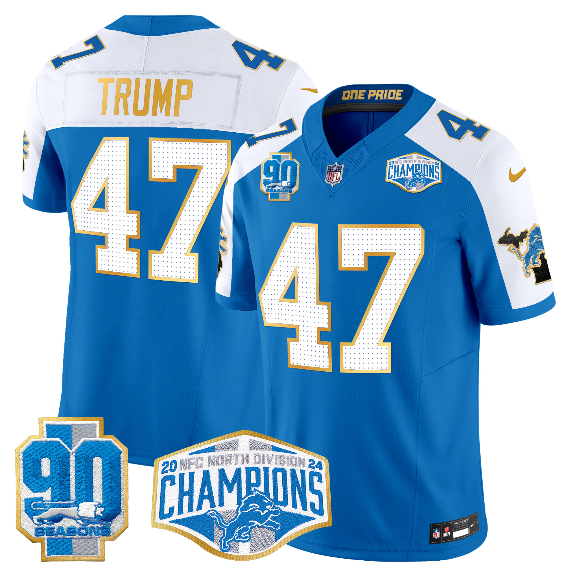 Donald Trump Men's Detroit Lions 2024 NFC North Division Champions Patch Gold Trim Vapor Limited Blue Alternate Jersey - All Stitched