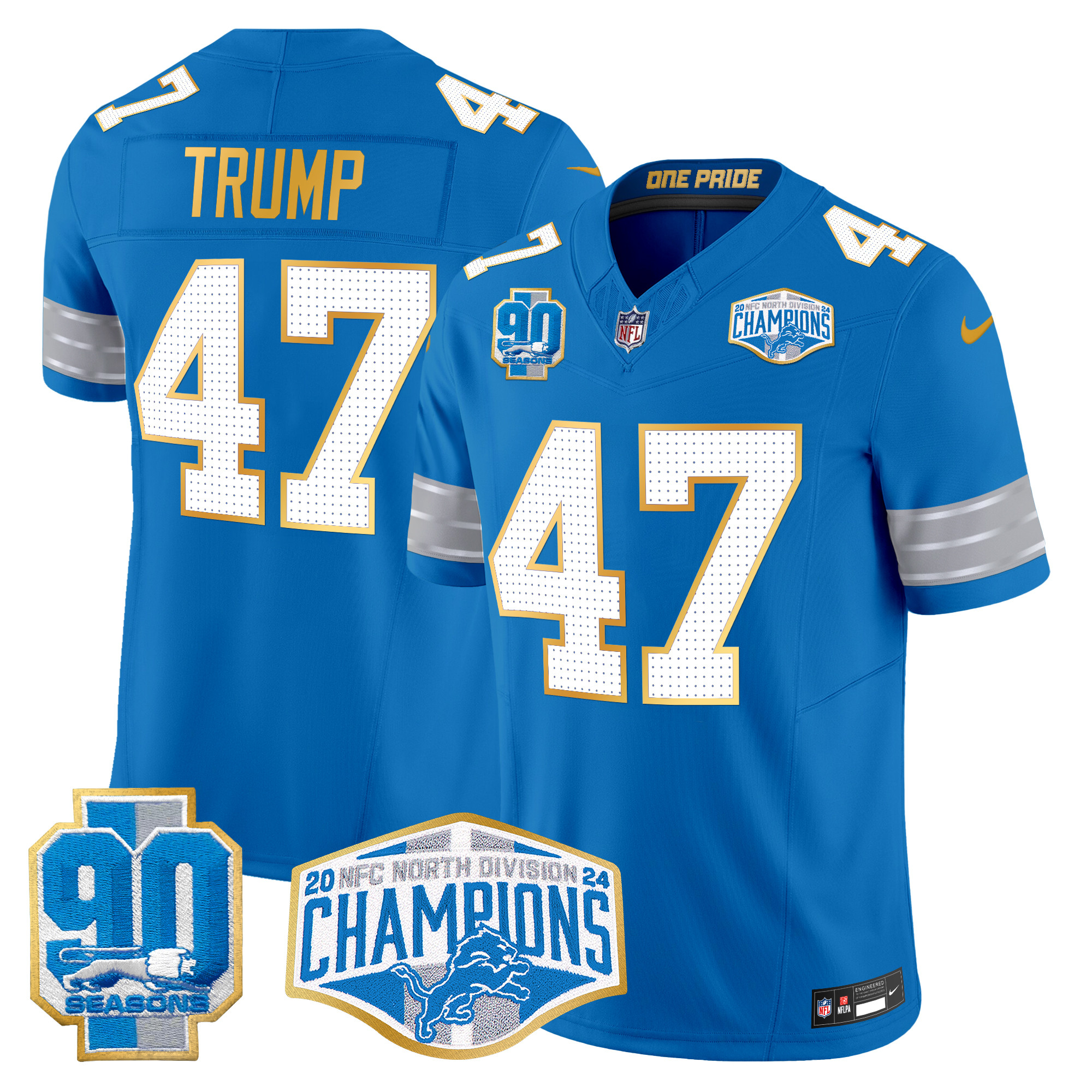 Donald Trump Men's Detroit Lions 2024 NFC North Division Champions Patch Gold Trim Vapor Limited Blue Jersey - All Stitched