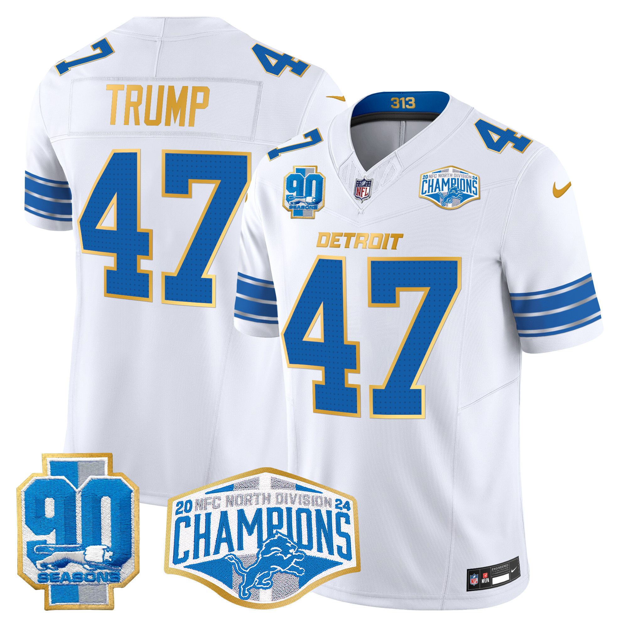 Donald Trump Men's Detroit Lions 2024 NFC North Division Champions Patch Gold Trim Vapor Limited White Jersey - All Stitched