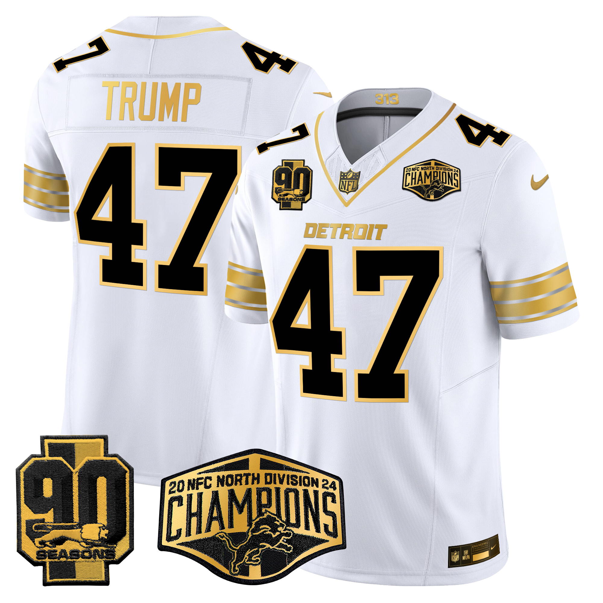 Donald Trump Men's Detroit Lions 2024 NFC North Division Champions Patch Gold Vapor Limited White Gold Jersey - All Stitched