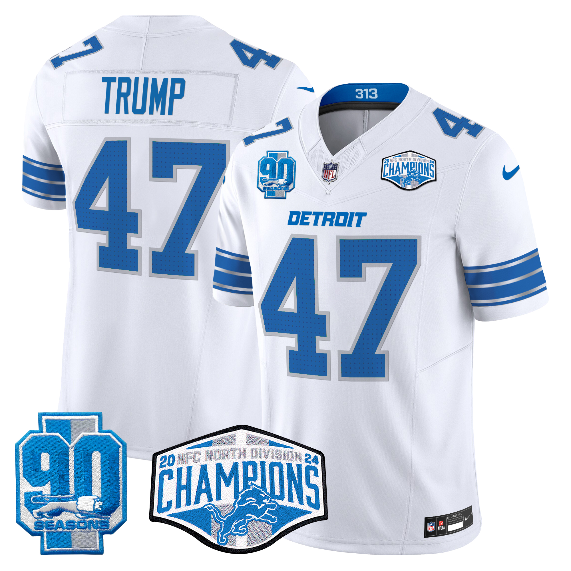Donald Trump Men's Detroit Lions 2024 NFC North Division Champions Patch Vapor Limited White Jersey - All Stitched