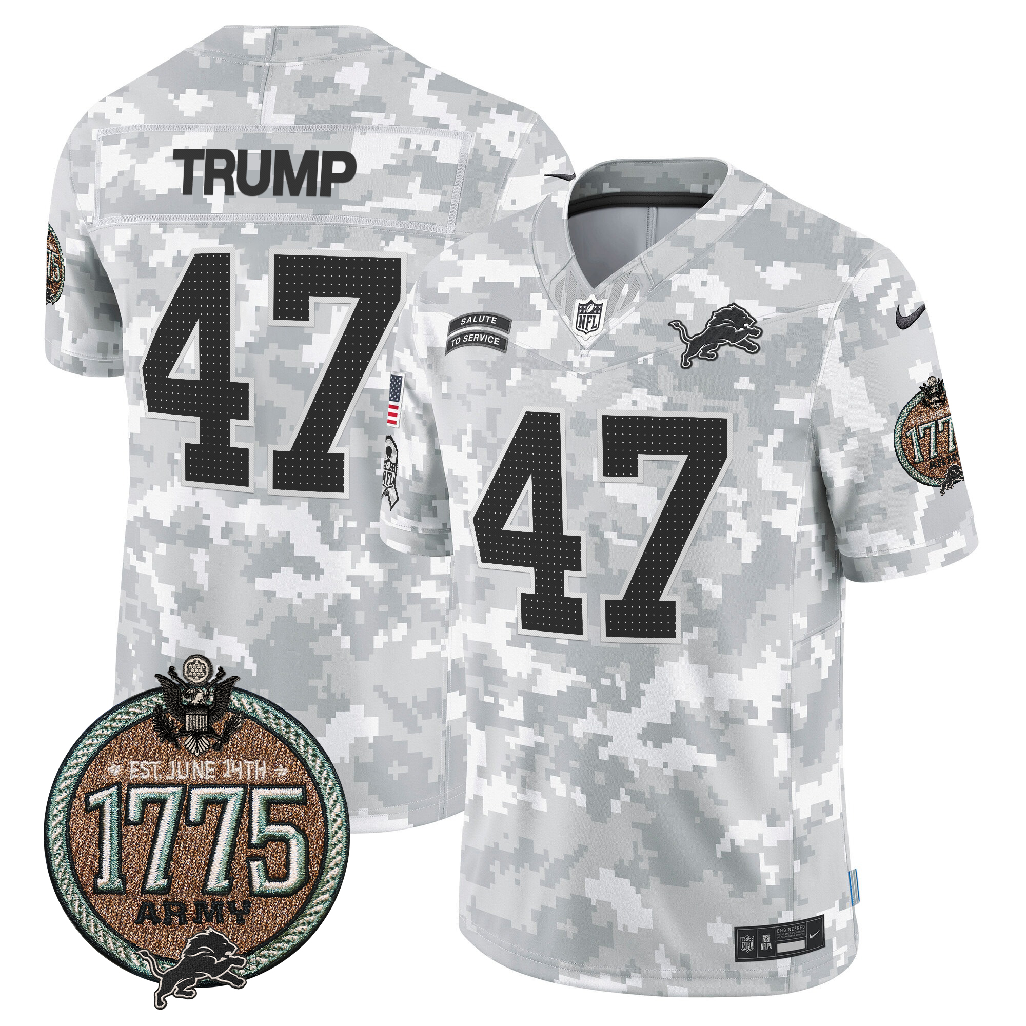 Donald Trump Men's Detroit Lions 2024 Salute to Service Establishment Year Patch Vapor Limited Army Jersey - All Stitched