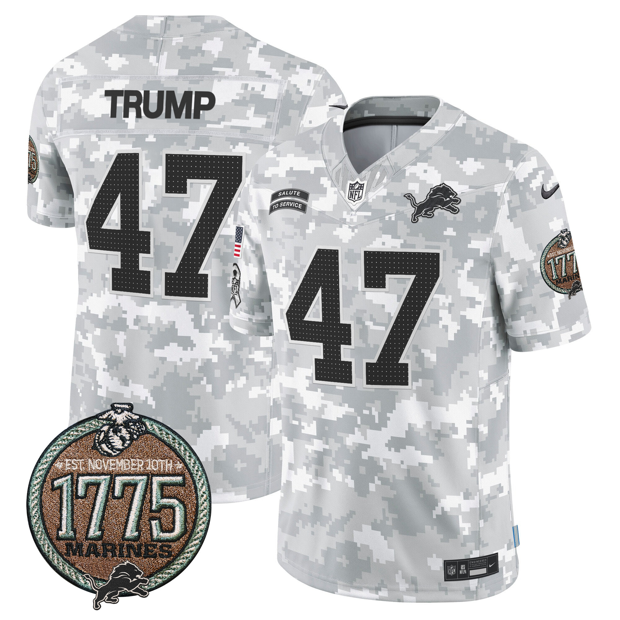 Donald Trump Men's Detroit Lions 2024 Salute to Service Establishment Year Patch Vapor Limited Marines Jersey - All Stitched