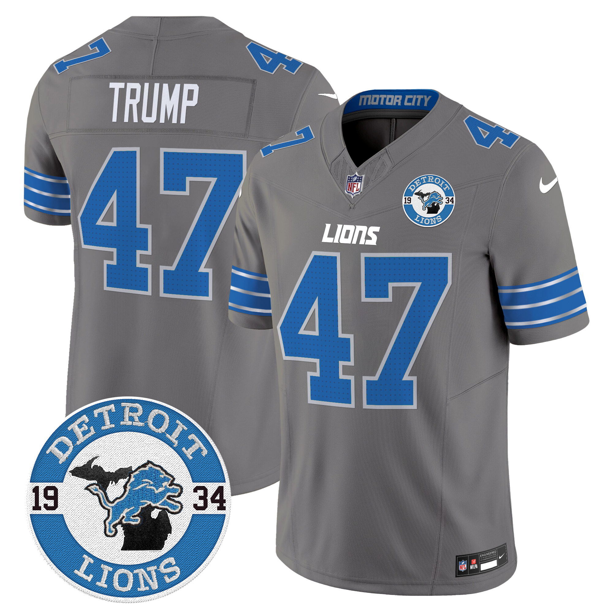 Donald Trump Men's Detroit Lions 2024 Vapor Limited Gray Jersey - All Stitched