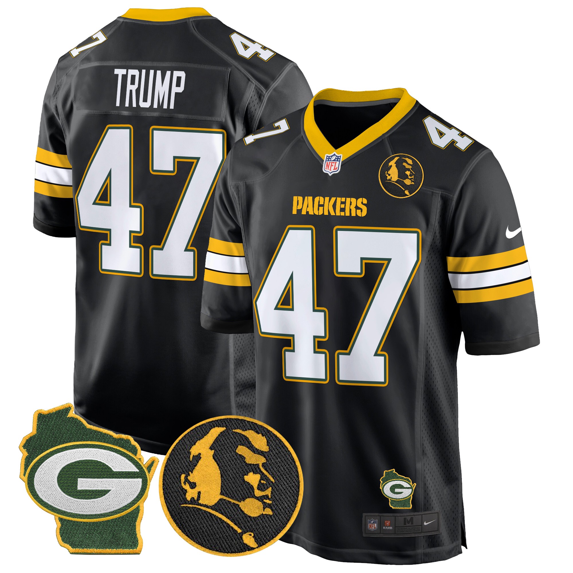 Donald Trump Men's Green Bay Packers John Madden & Home Patch Game Black Jersey - All Stitched