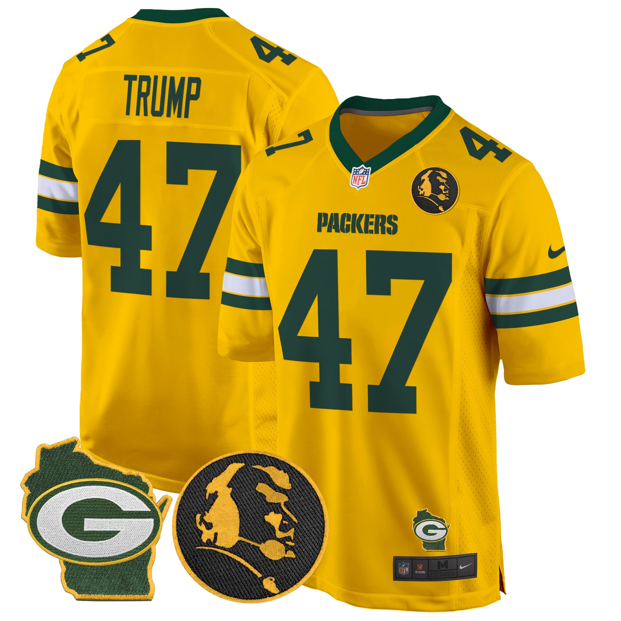 Donald Trump Men's Green Bay Packers John Madden & Home Patch Game Gold Jersey - All Stitched