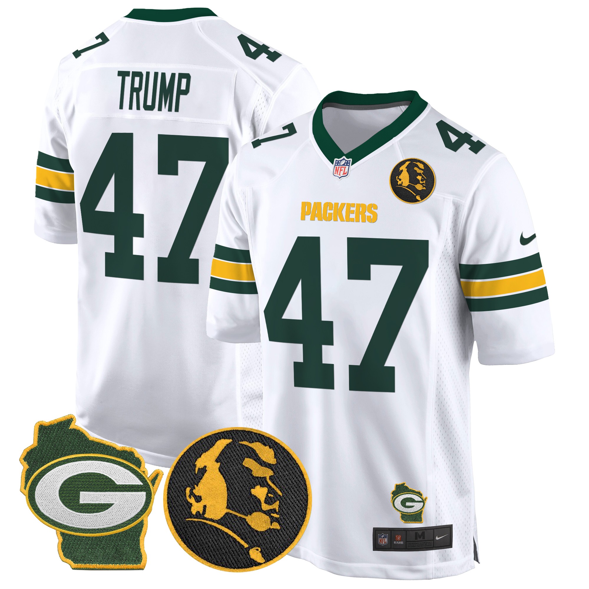 Donald Trump Men's Green Bay Packers John Madden & Home Patch Game White Jersey - All Stitched