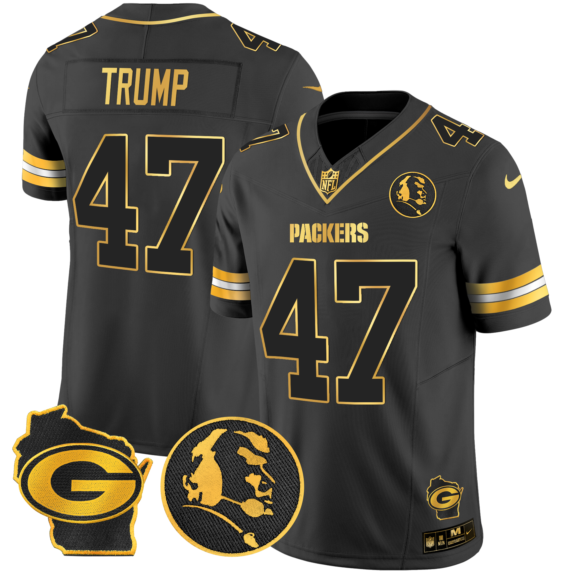 Donald Trump Men's Green Bay Packers John Madden & Home Patch Gold Vapor Limited Black Gold Jersey - All Stitched
