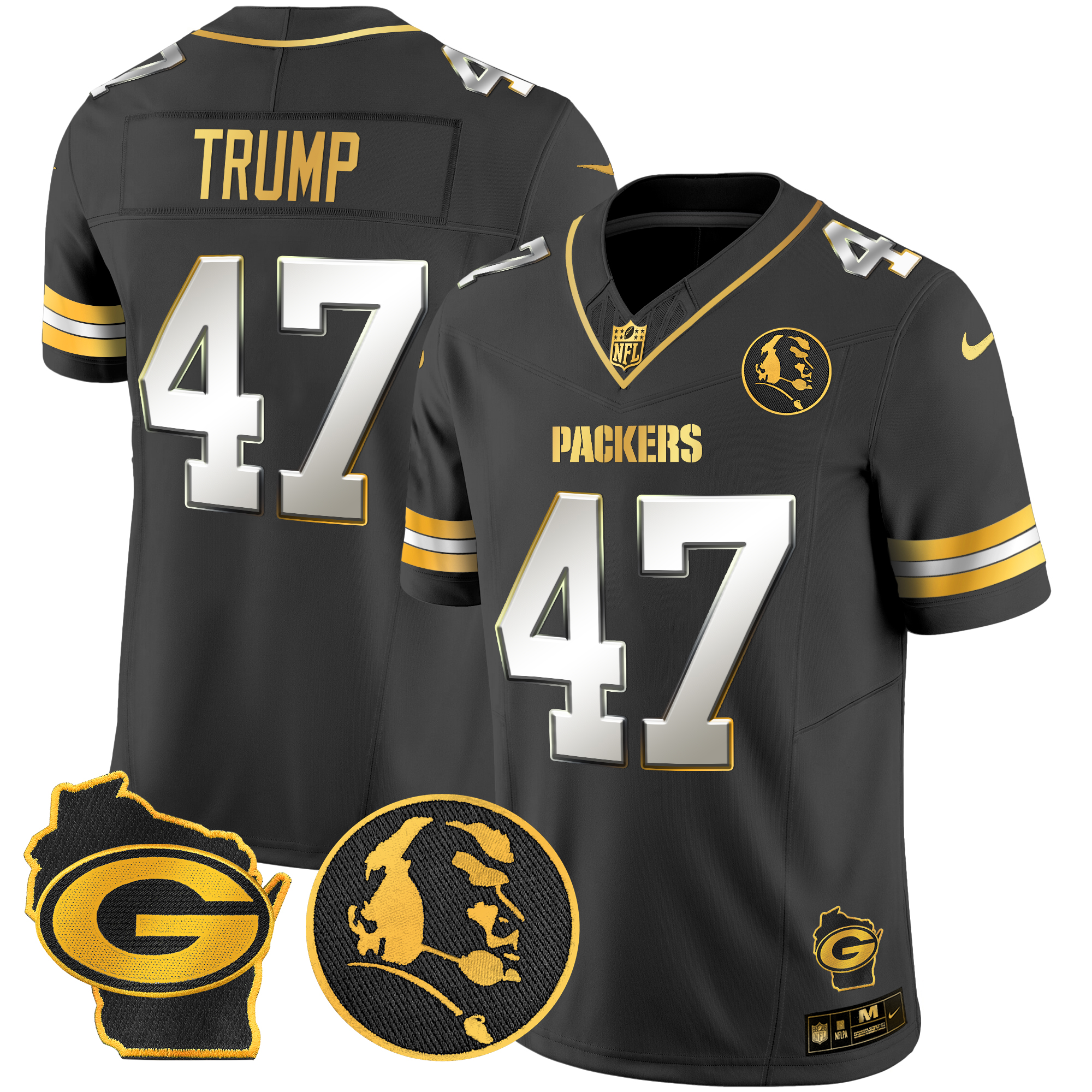 Donald Trump Men's Green Bay Packers John Madden & Home Patch Gold Vapor Limited Black Limited Jersey - All Stitched