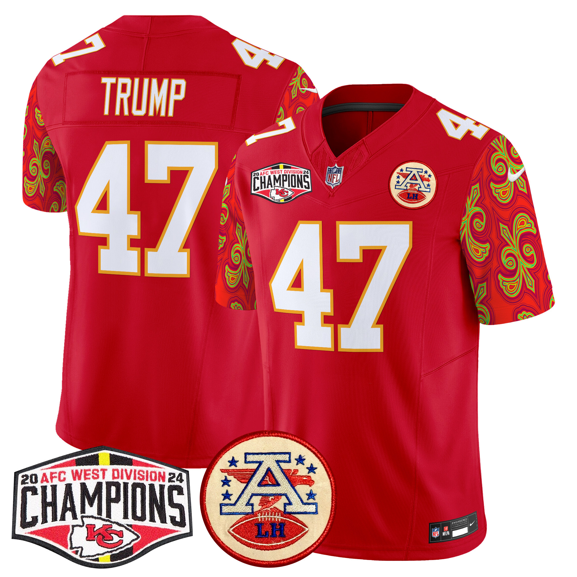 Donald Trump Men's Kansas City Chiefs Super Bowl LIX Style 2024 AFC West Division Champions Patch Vapor Limited Red Jersey - All Stitched
