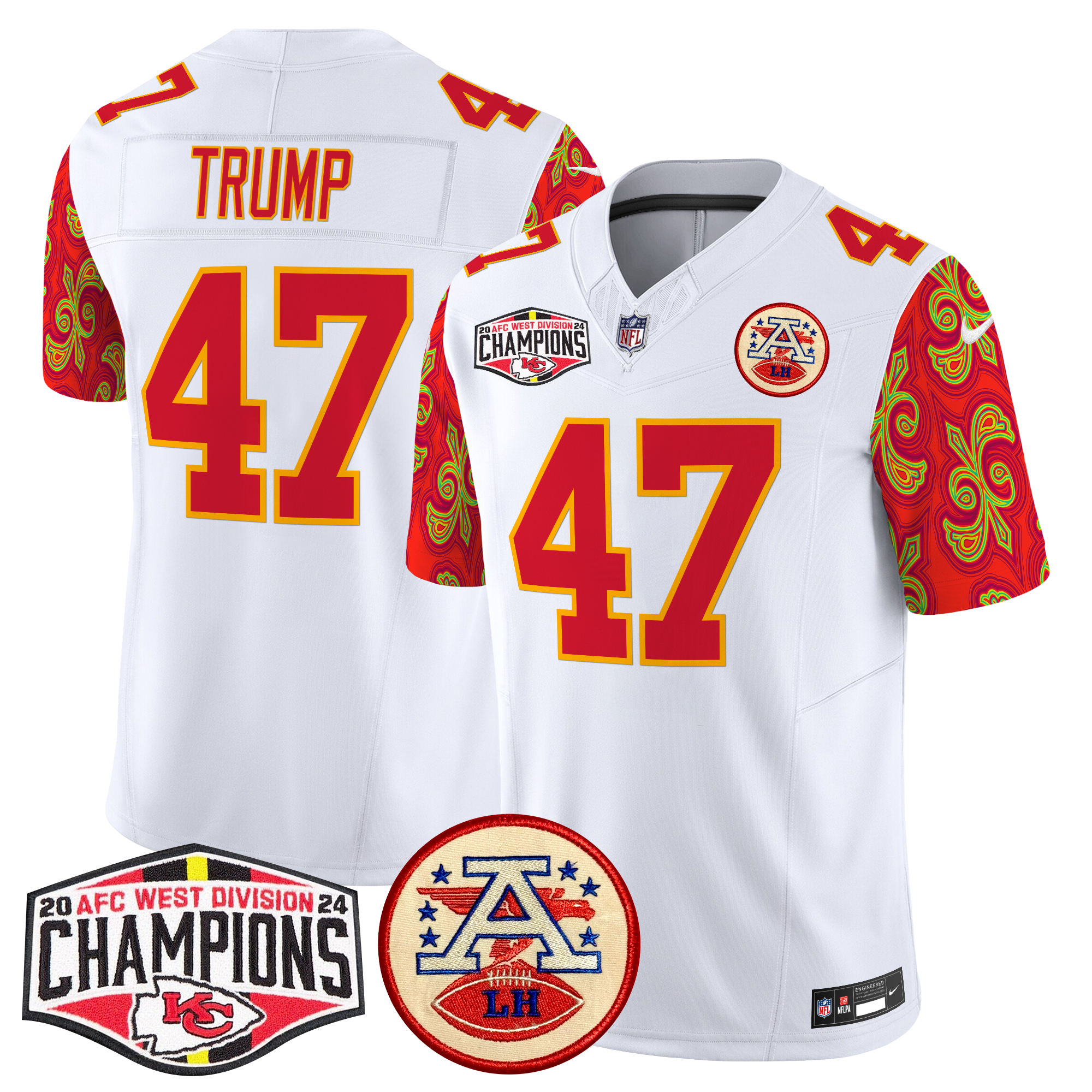 Donald Trump Men's Kansas City Chiefs Super Bowl LIX Style 2024 AFC West Division Champions Patch Vapor Limited White Jersey - All Stitched