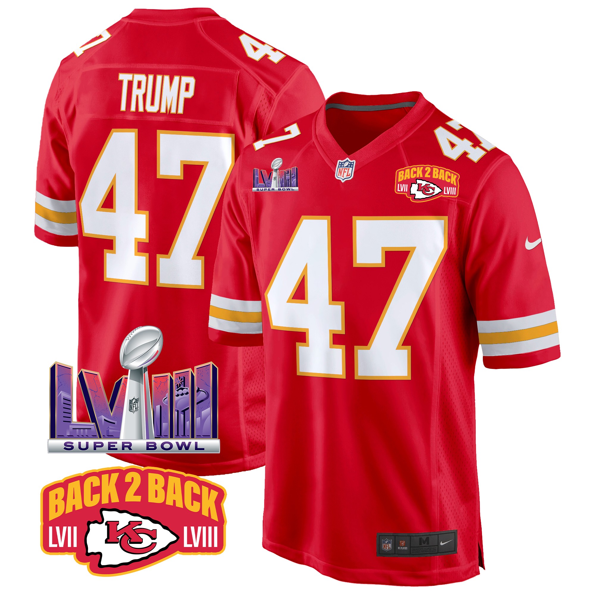 Donald Trump Men's Kansas City Chiefs Super Bowl LVIII & Back 2 Back Patch Game Red Jersey - All Stitched