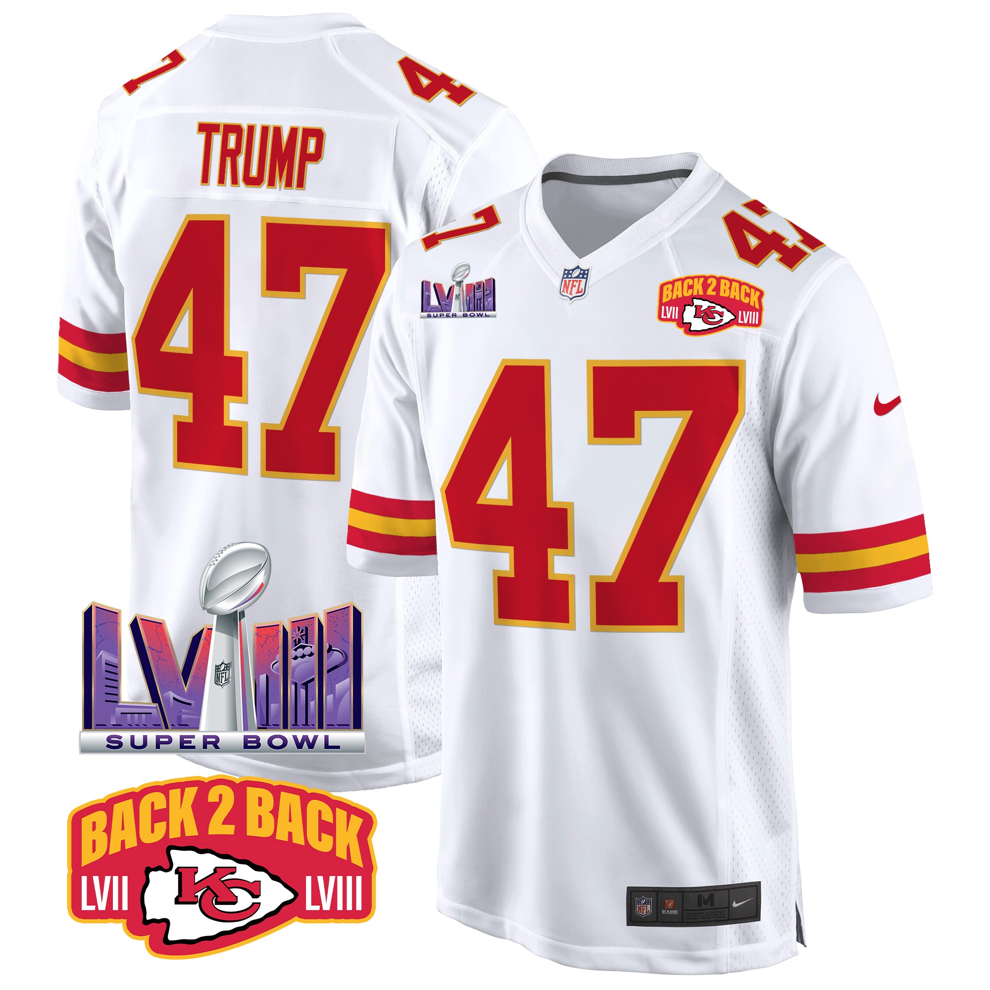 Donald Trump Men's Kansas City Chiefs Super Bowl LVIII & Back 2 Back Patch Game White Jersey - All Stitched