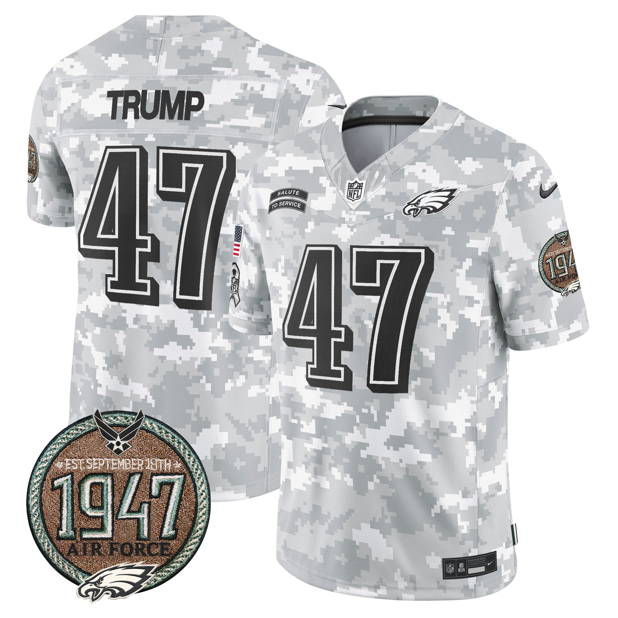 Donald Trump Men's Philadelphia Eagles 2024 Salute to Service Establishment Year Patch Vapor Limited Air Force Jersey - All Stitched