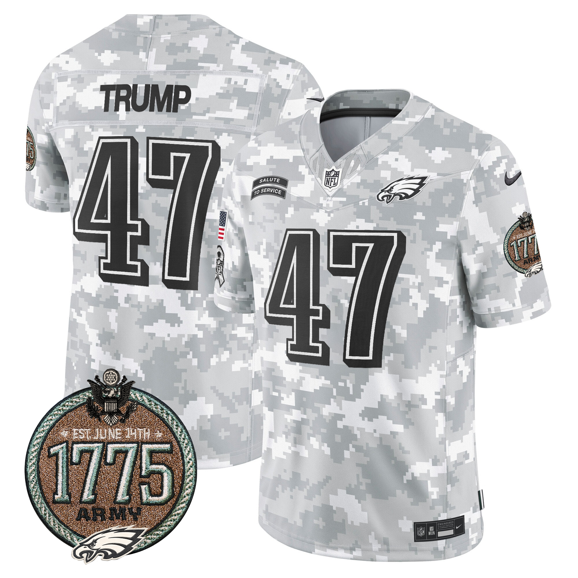 Donald Trump Men's Philadelphia Eagles 2024 Salute to Service Establishment Year Patch Vapor Limited Army Jersey - All Stitched