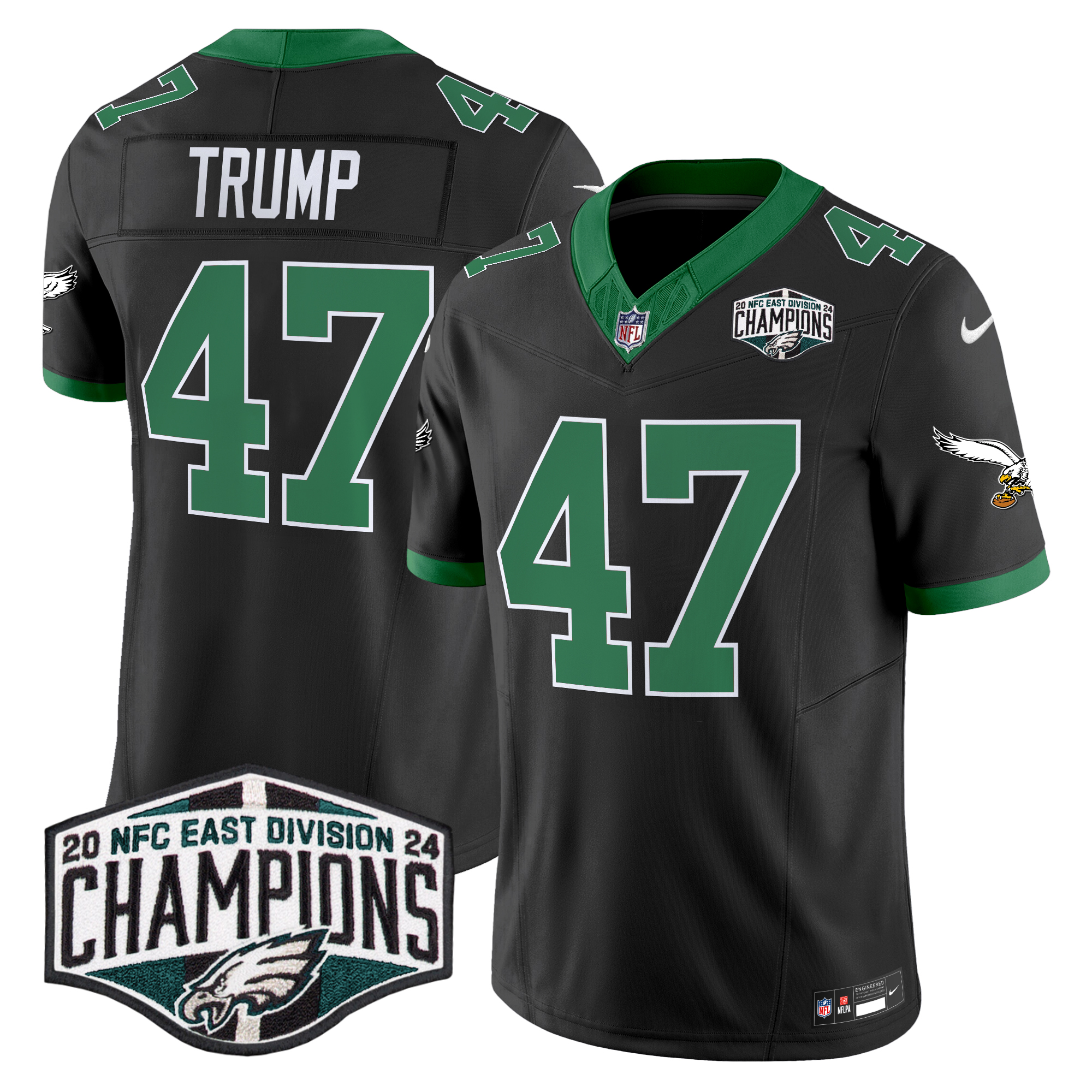Donald Trump Men's Philadelphia Eagles Kelly Green 2024 NFC East Division Champions Vapor Limited Black Jersey - All Stitched