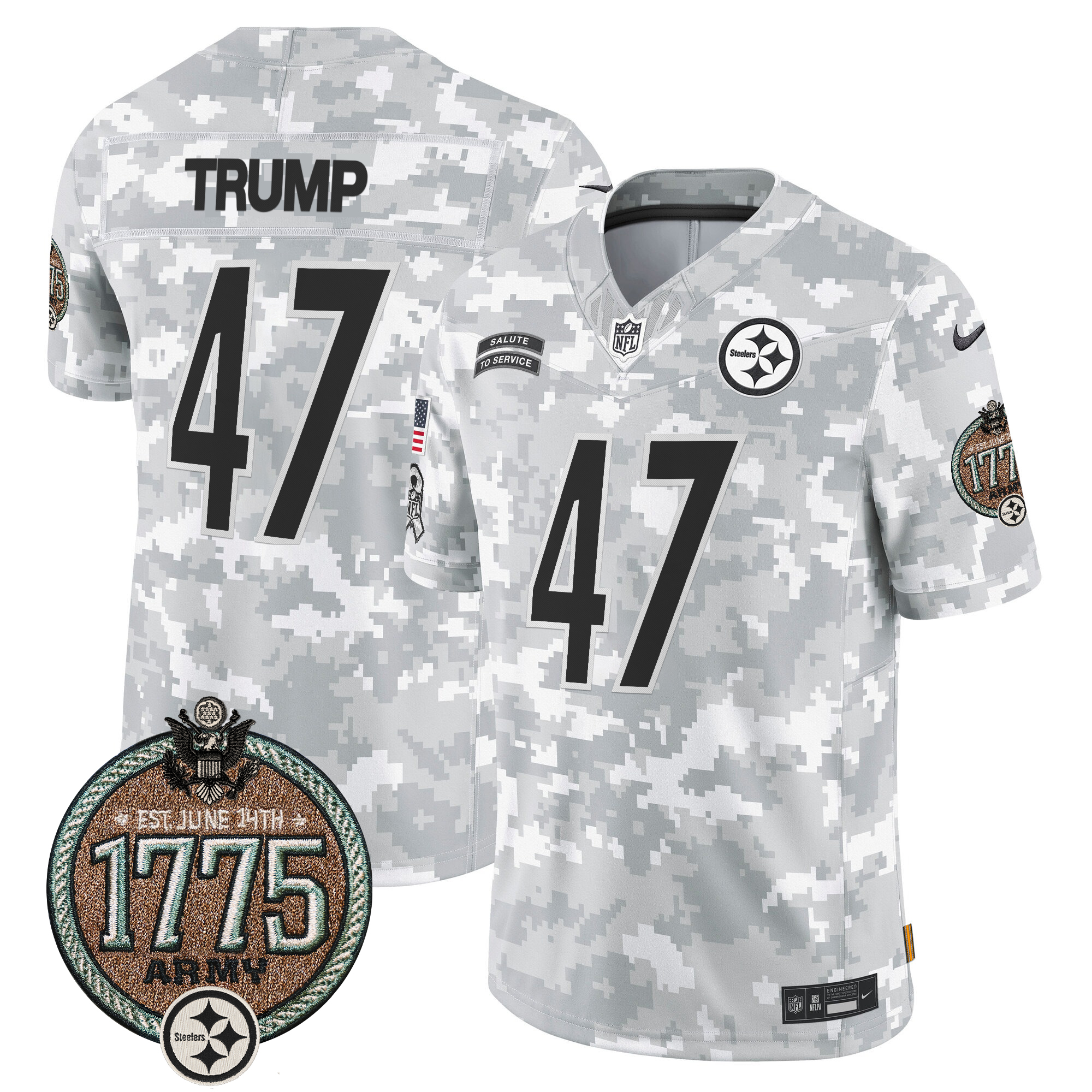 Donald Trump Men's Pittsburgh Steelers 2024 Salute to Service Establishment Year Patch Vapor Limited Army Jersey - All Stitched
