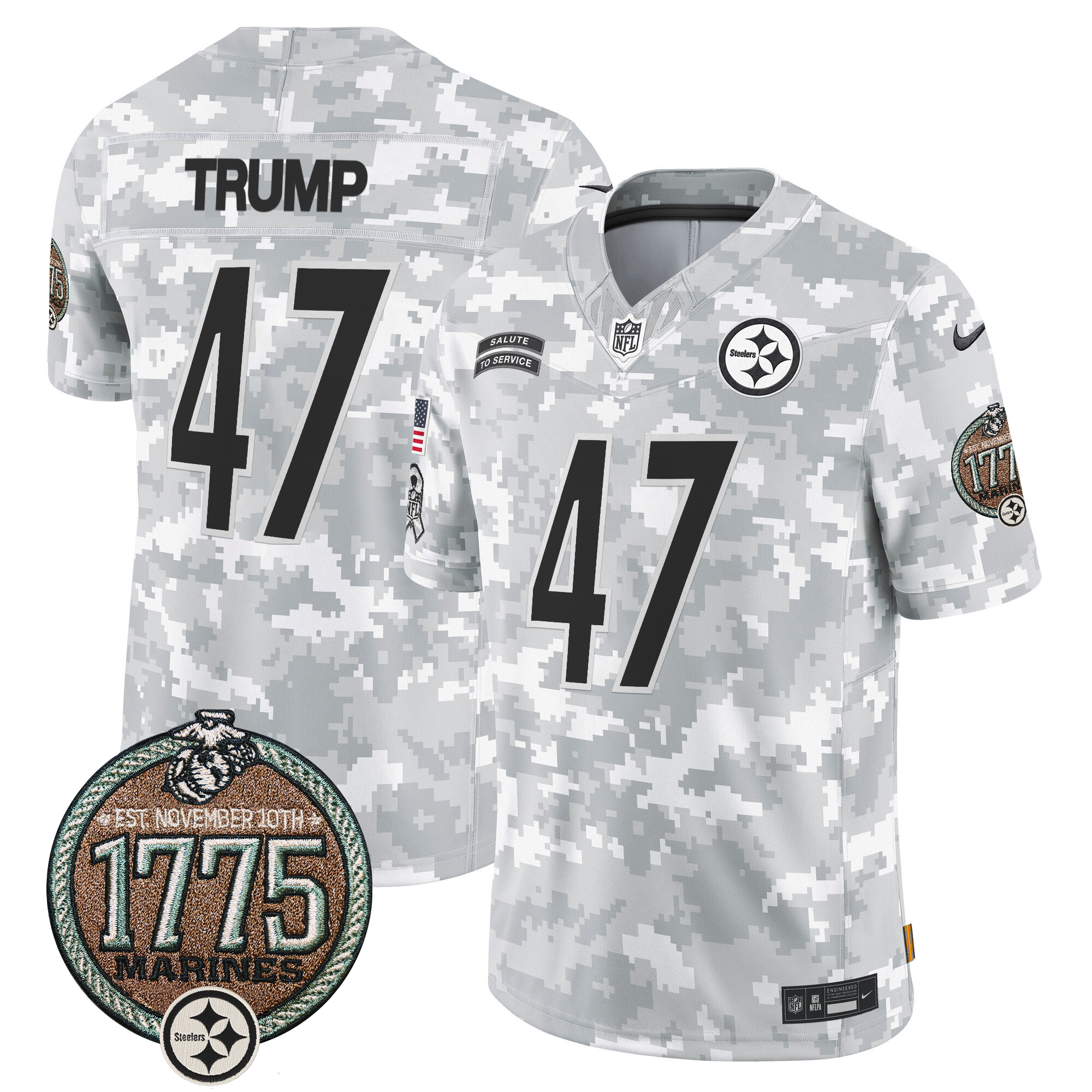 Donald Trump Men's Pittsburgh Steelers 2024 Salute to Service Establishment Year Patch Vapor Limited Marines Jersey - All Stitched