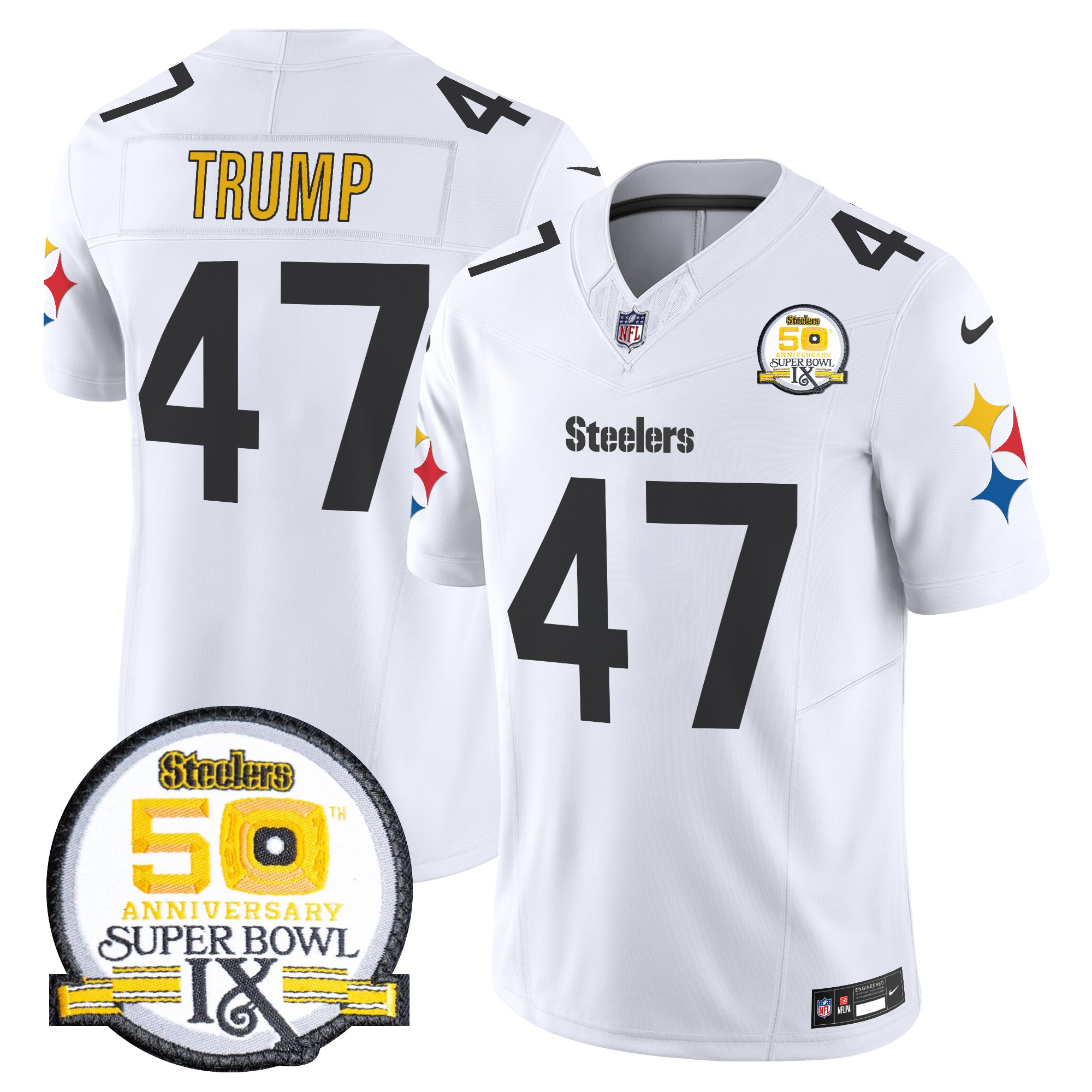 Donald Trump Men's Pittsburgh Steelers 50th Anniversary Of Super Bowl IX Patch Vapor Limited 1975 White Jersey - All Stitched