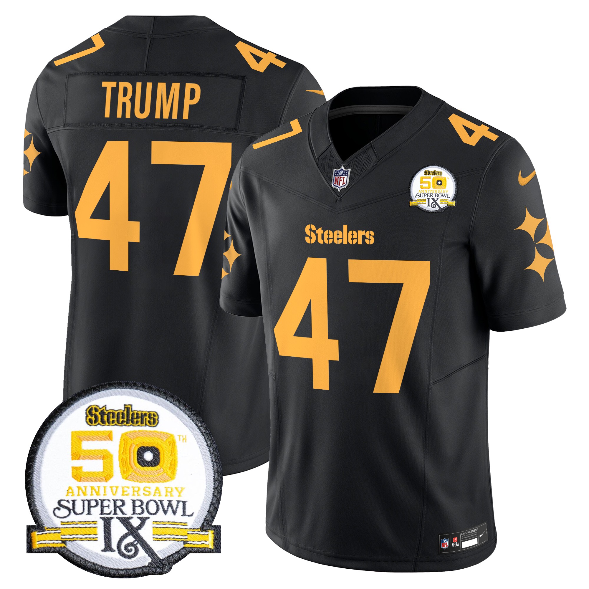 Donald Trump Men's Pittsburgh Steelers 50th Anniversary Of Super Bowl IX Patch Vapor Limited Color Rush Jersey - All Stitched