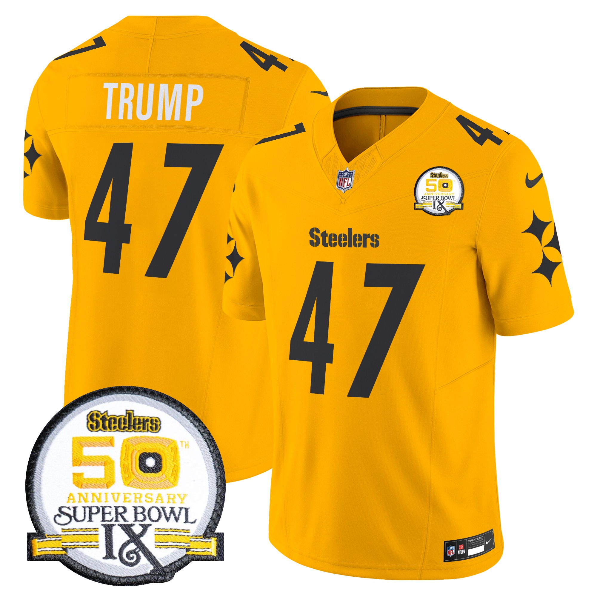 Donald Trump Men's Pittsburgh Steelers 50th Anniversary Of Super Bowl IX Patch Vapor Limited Gold Jersey - All Stitched