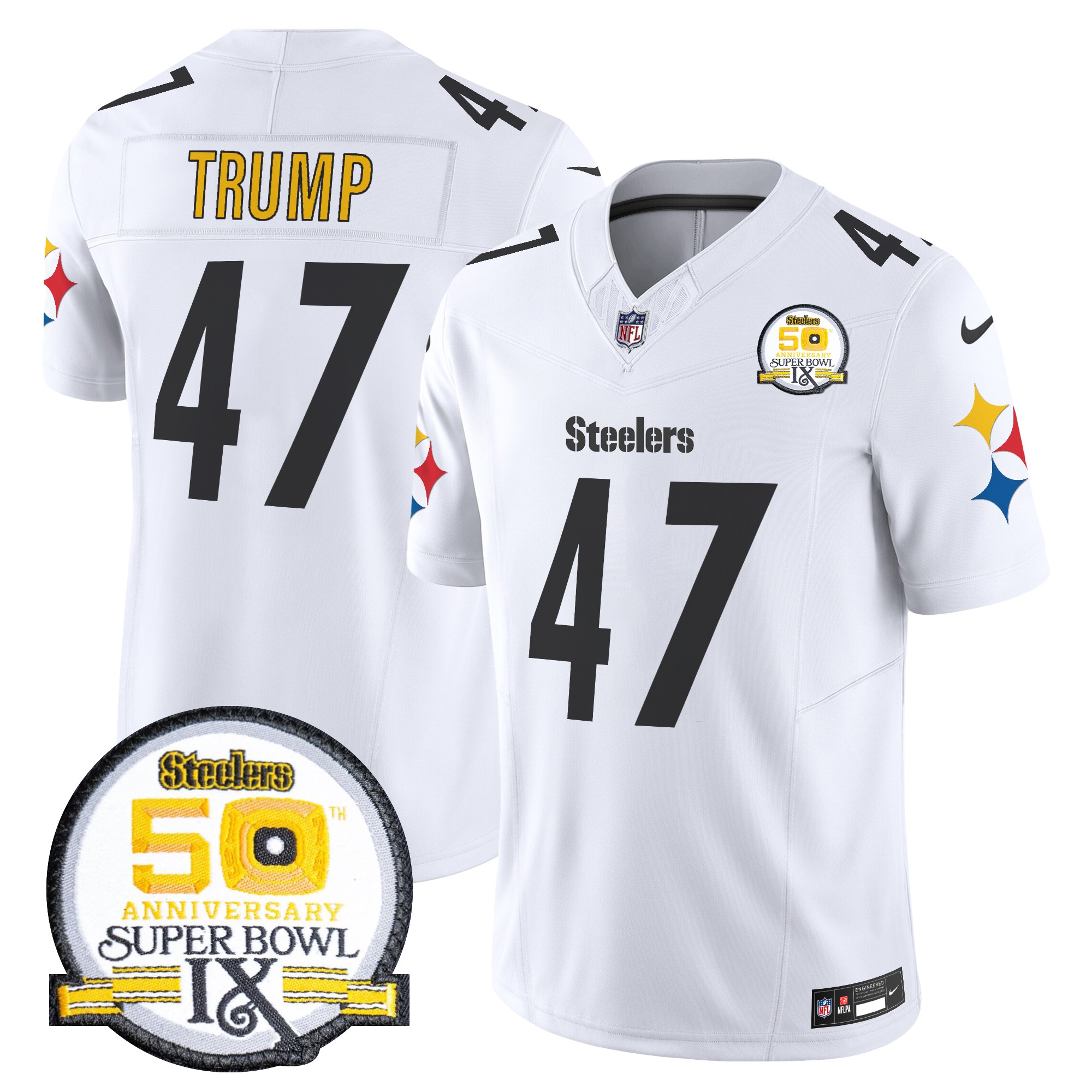 Donald Trump Men's Pittsburgh Steelers 50th Anniversary Of Super Bowl IX Patch Vapor Limited White Jersey - All Stitched