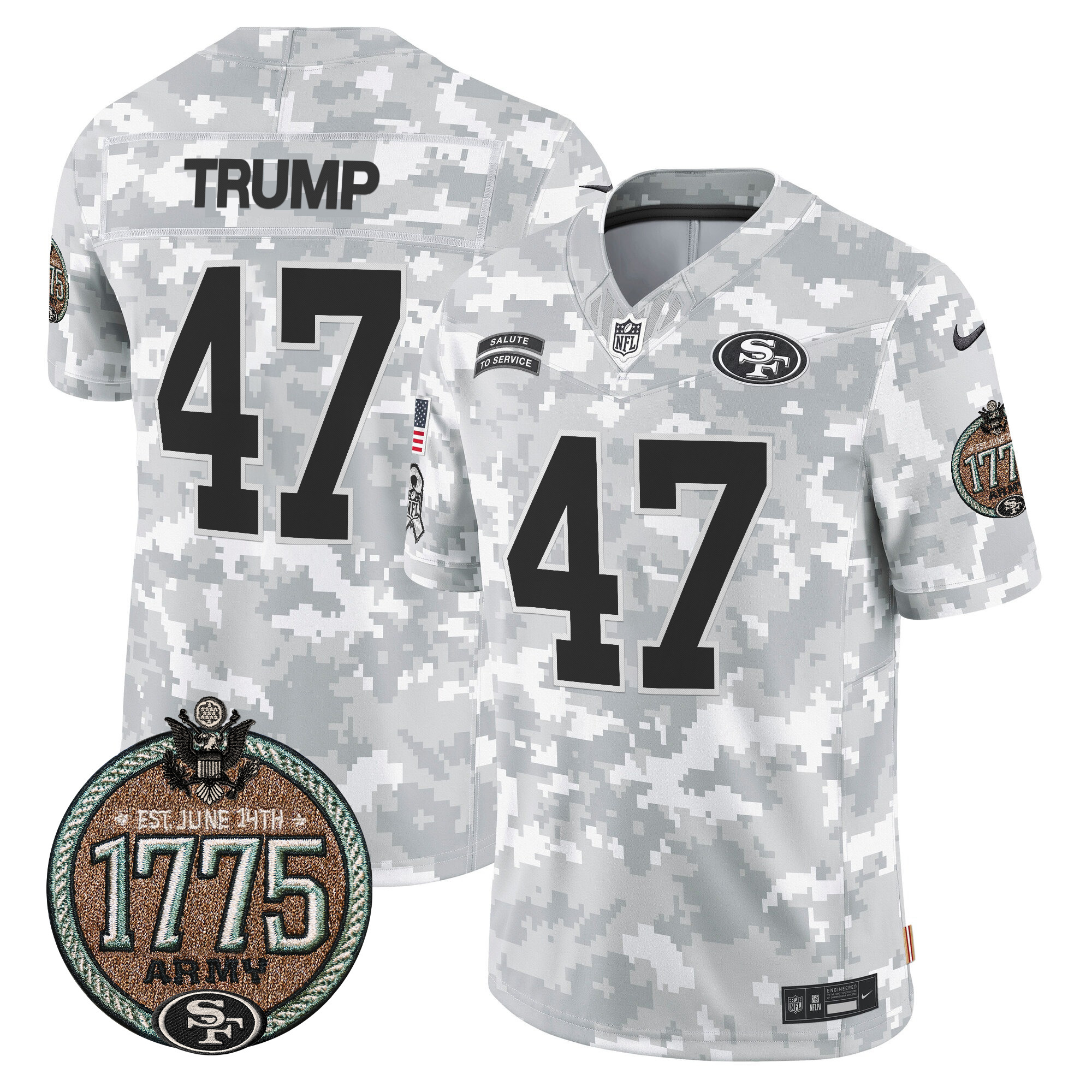 Donald Trump Men's San Francisco 49ers 2024 Salute to Service Establishment Year Patch Vapor Limited Army Jersey - All Stitched