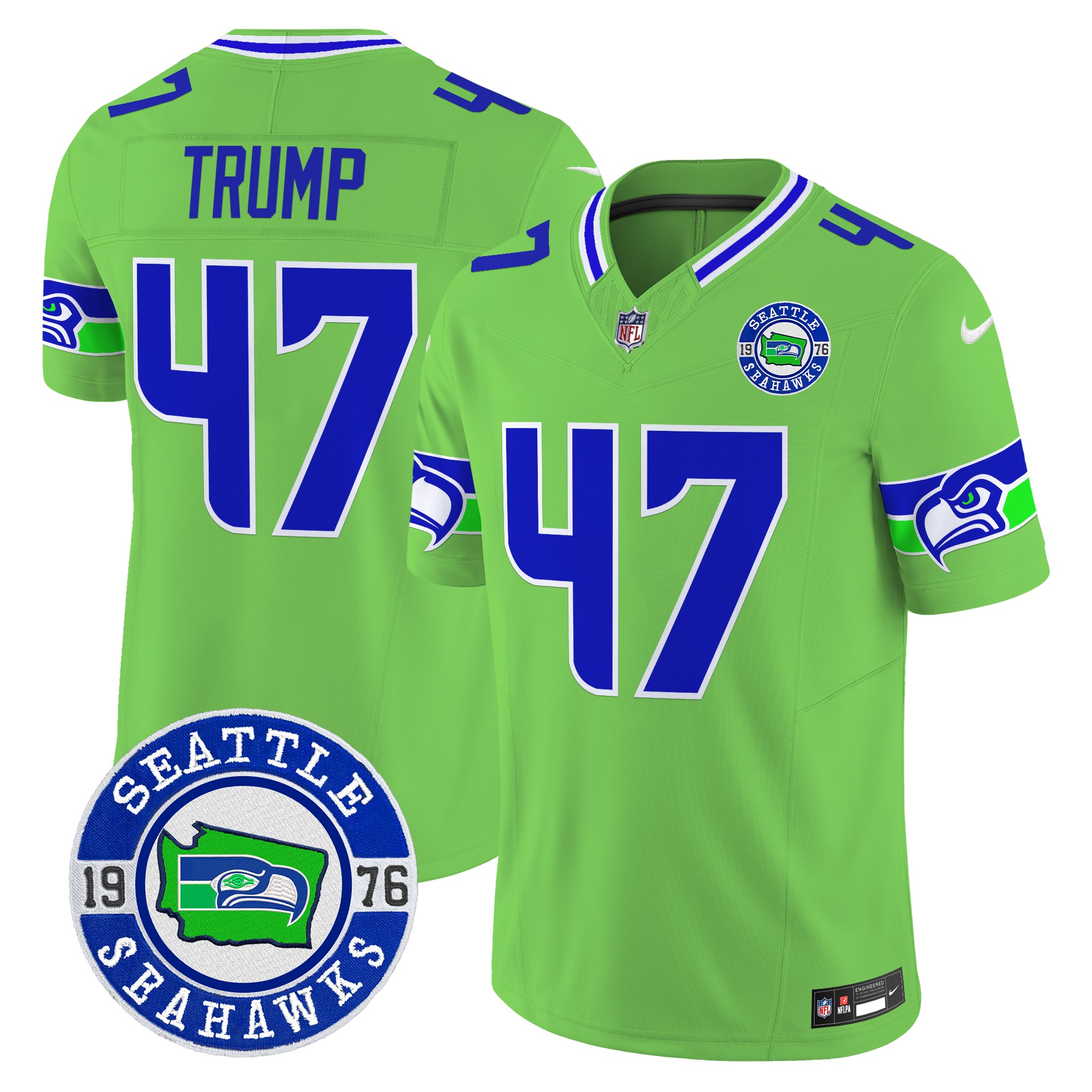 Donald Trump Men's Seattle Seahawks 2024 Seattle Est. 1976 Patch Vapor Limited Green Jersey - All Stitched