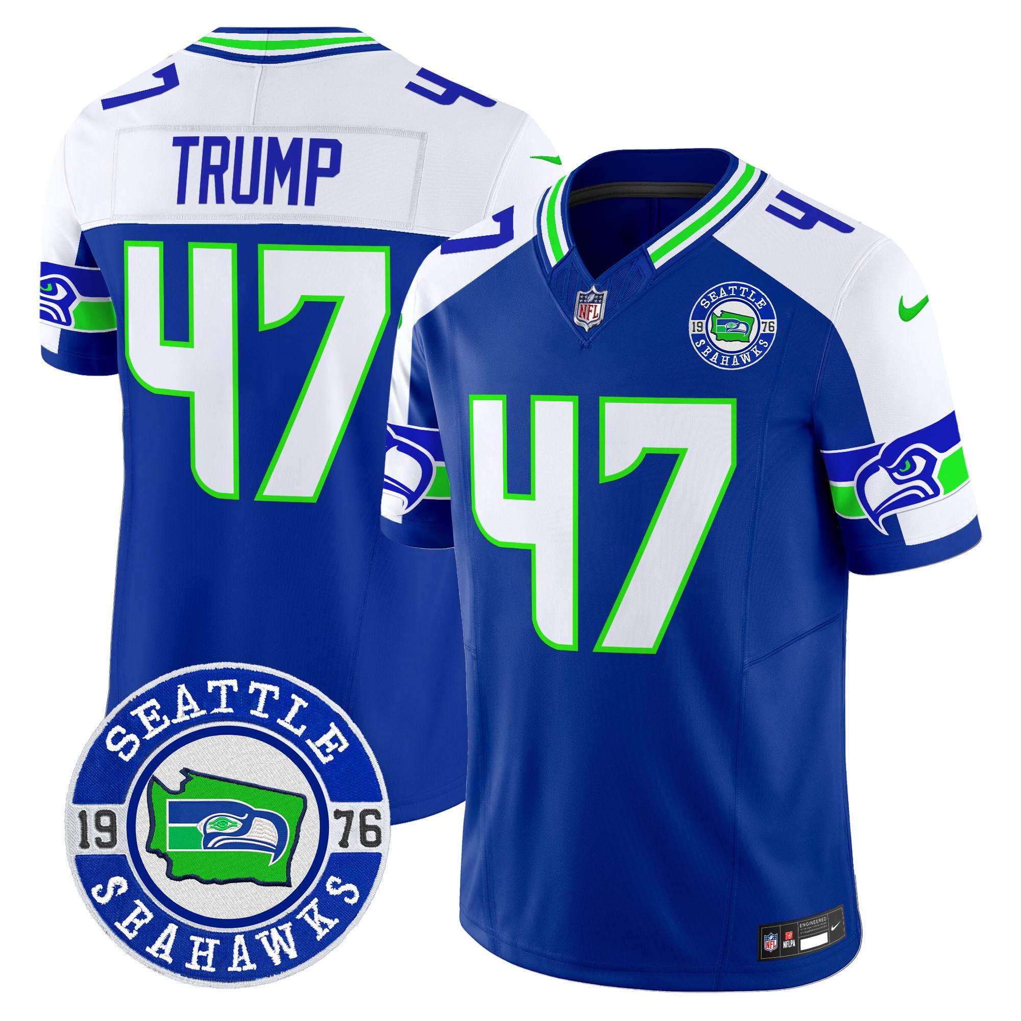 Donald Trump Men's Seattle Seahawks 2024 Seattle Est. 1976 Patch Vapor Limited Royal Alternate Jersey - All Stitched