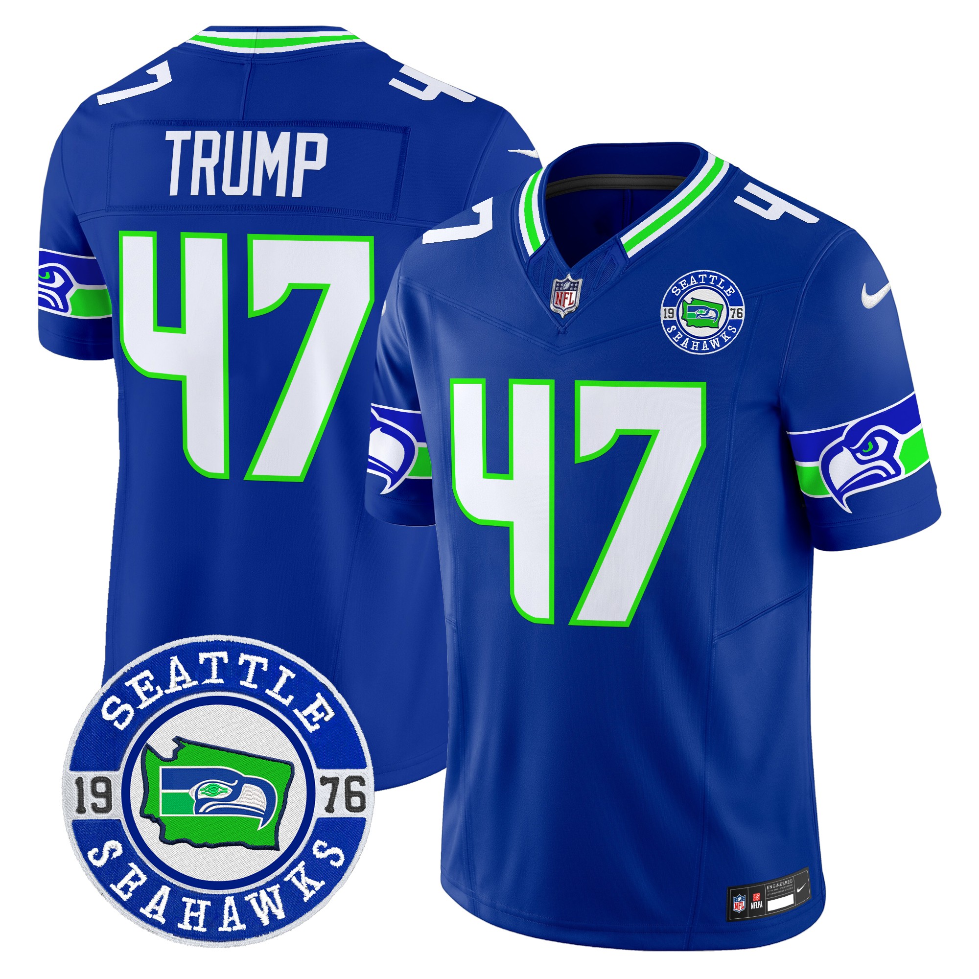 Donald Trump Men's Seattle Seahawks 2024 Seattle Est. 1976 Patch Vapor Limited Royal Jersey - All Stitched