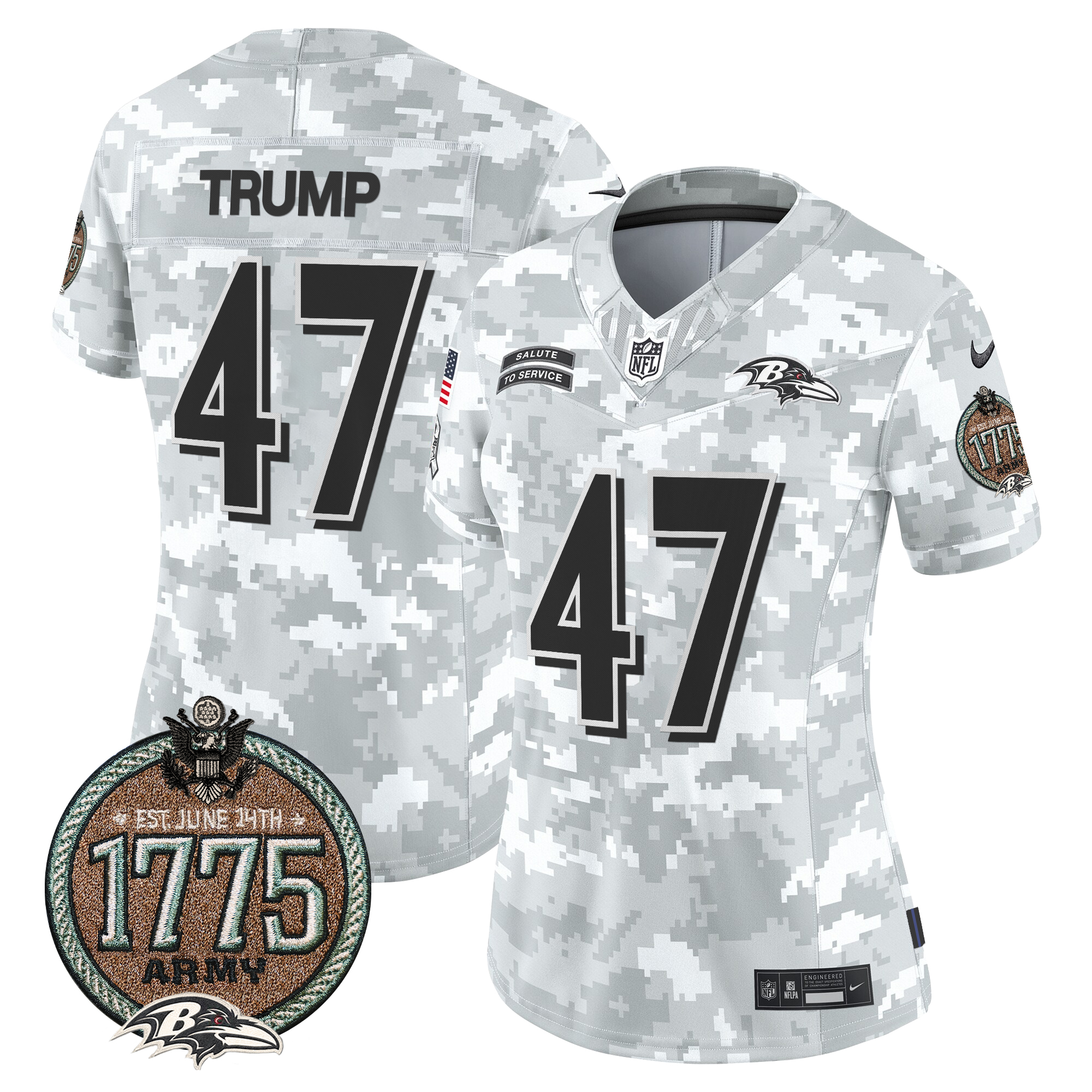 Donald Trump Women's Baltimore Ravens 2024 Salute to Service Establishment Year Patch Vapor Limited Army Jersey - All Stitched