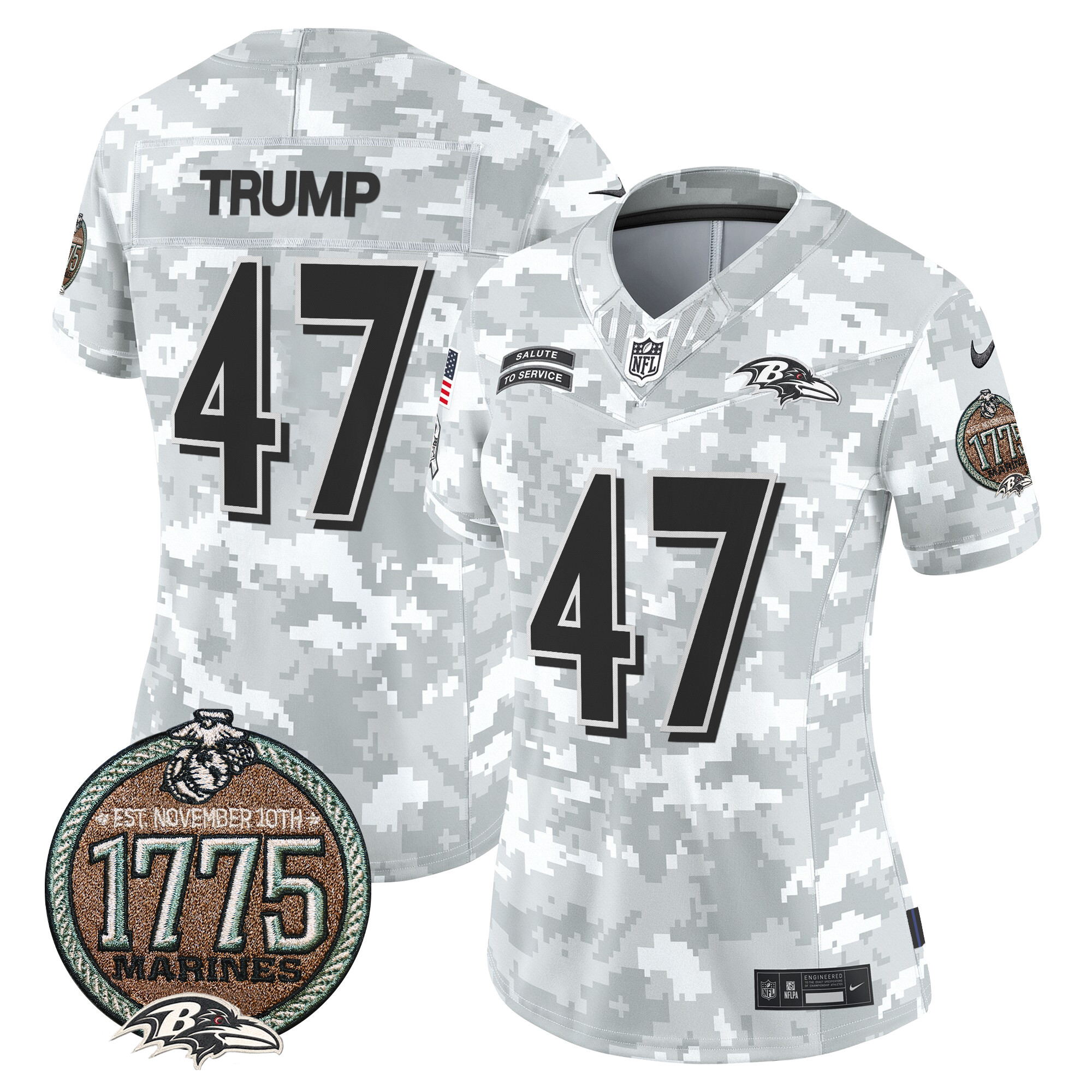 Donald Trump Women's Baltimore Ravens 2024 Salute to Service Establishment Year Patch Vapor Limited Marines Jersey - All Stitched